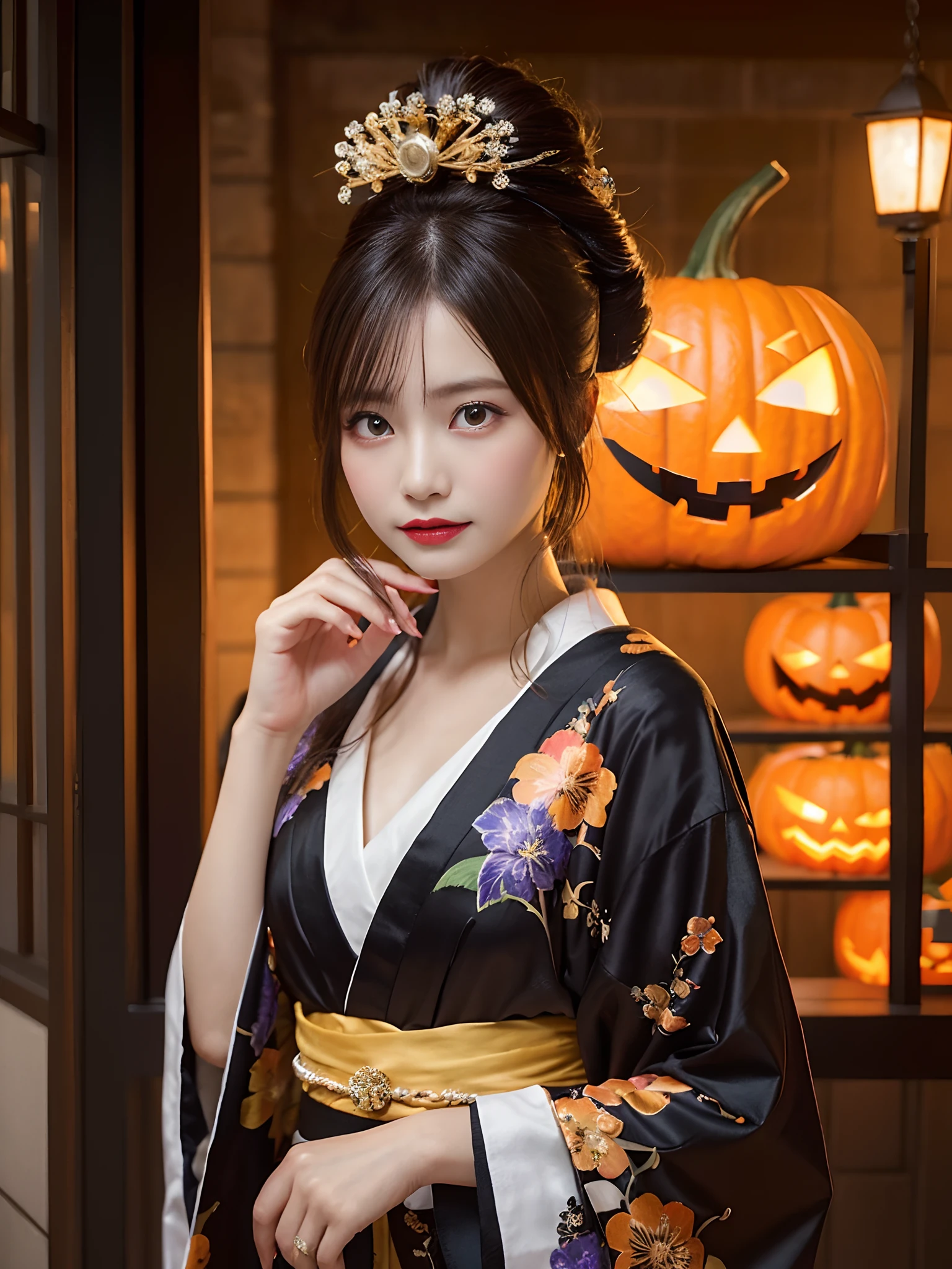 In a futuristic scene, Geisha in Japan with mechanical reinforcement、Elegant in elaborate gardens. She has beautifully detailed eyes and lips that complement her face. Geishas wear traditional kimonos with intricate patterns and designs. Night city and Halloween decorations around her. The scene is painted with a blend of illustration and photorealism, Ultra-detailed brush strokes and clarity, Vivid colors. Lighting emphasizes the elegant features of the geisha, Gives her porcelain skin a soft glow. Artwork is of the highest quality, 4K or 8K resolution, Showcase the intricate details of geisha attire, nightcity、Halloween. The overall color scheme is、It is a combination of traditional shades of Japan, Crimson, etc., blacks, and subtle gold accents, With a futuristic twist. The fusion of ancient traditions and modern technology is、Create captivating and visually striking masterpieces.Halloween、Halloween、pumpkins、Background Halloween