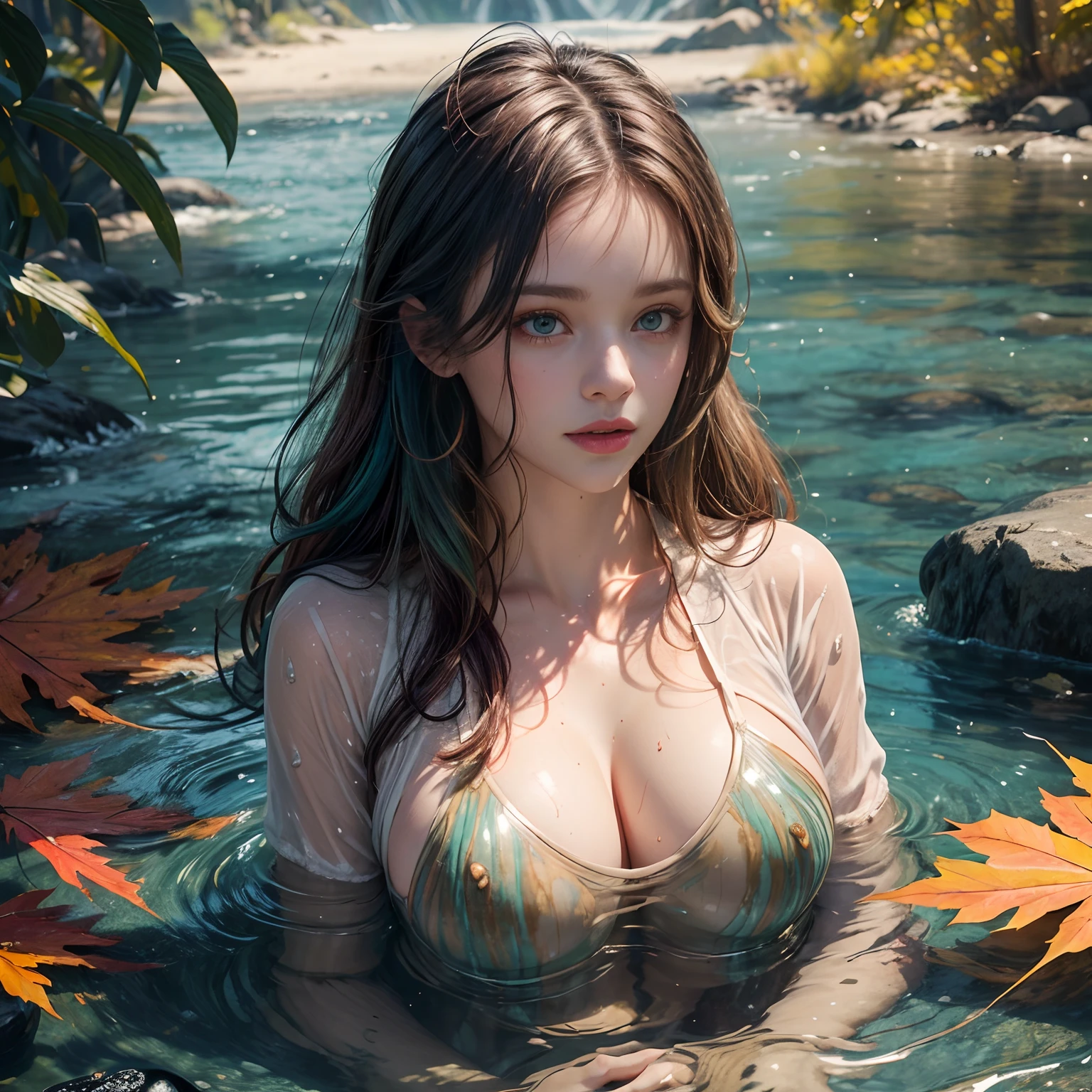 masterpiece, best quality, autumn outfit, colorful hair, outdoor,upper body, colorful autumnal clothes, ((fully clothed)), warm clothes, wet clothes, soaked, drenched, excited, wet hair, wet and slimy, water up to her chest, submerged, translucent, fantasy environment, fantastical, vivid colors, varied poses, detailed green eyes, reece witherspoon