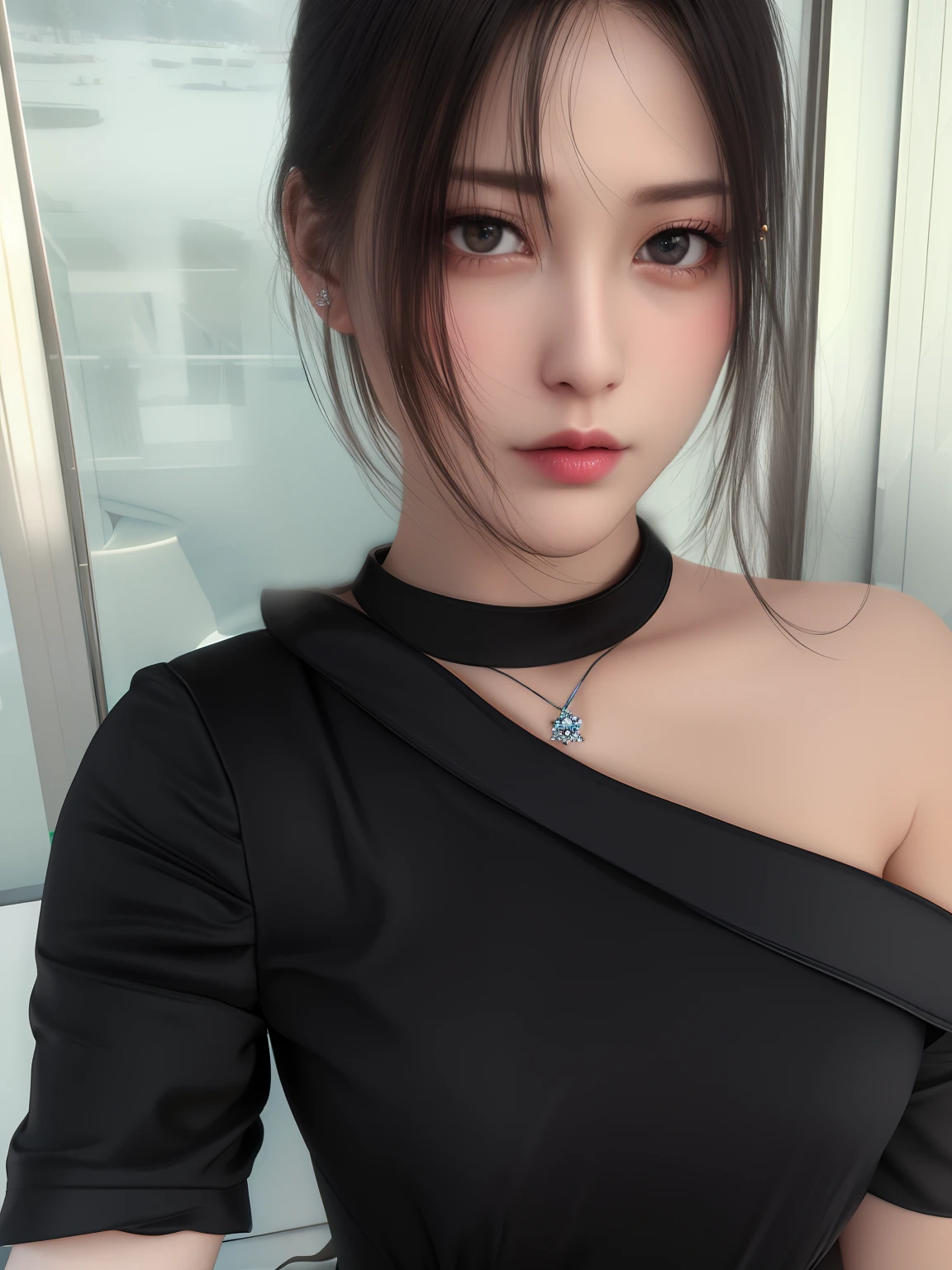 Best quality, masterpiece, high resolution, 1girl, porcelain dress, hair accessories, necklace, jewelry, beautiful face, on the body, Tyndall effect, realistic, dark studio, edge lighting, two-tone lighting, (high detail skin: 1.2), 8k UHD, dslr, soft light, high quality, volumetric light, candid, photo, high resolution, 4k, 8k, background blur,