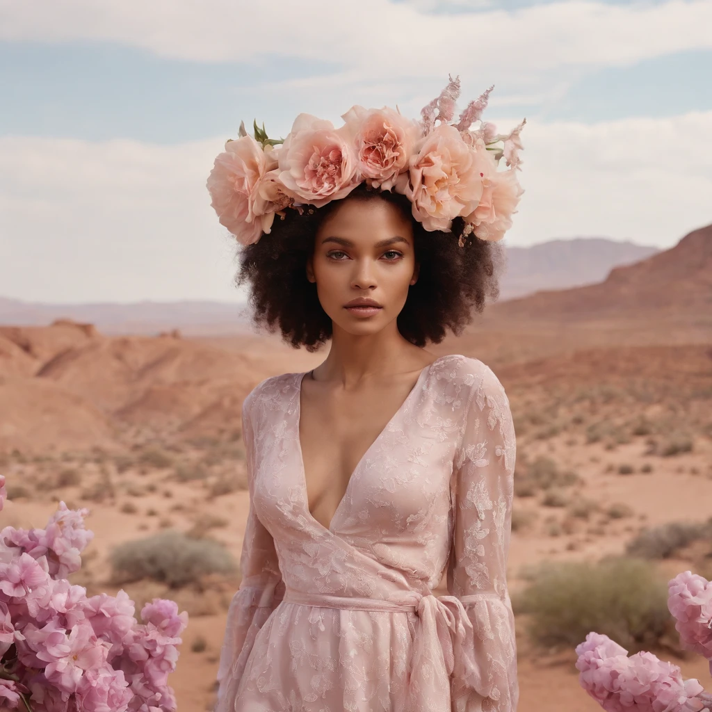 Ultra detailed, for adult, bold fashion editorial photography, taken on Hasselblad camera and Kodak Portra by Tim Walker. Beautiful mulatto female model standing in the desert with flowers in hair, in the style of light pink and violet, duffy sheridan, layering, soft and dreamy, warmcore, elisabeth sonrel, beige and azure. Very photorealistic, Best world fashion magazines`s vibe, Vogue Magazine, W magazine, Harper’s Bazaar
