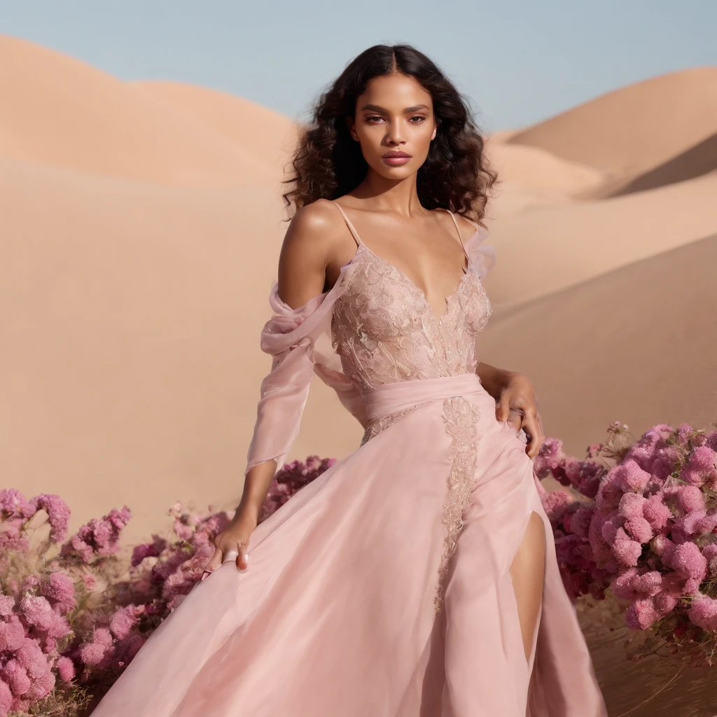 The model stands in the shooting position in the desert of Alaa wearing Inspired by a dress Zendaya wore a #GiorgioArmaniPrivé antique rose silk gown featuring an embroidered palm tree print to present the 96th Academy Awards. 