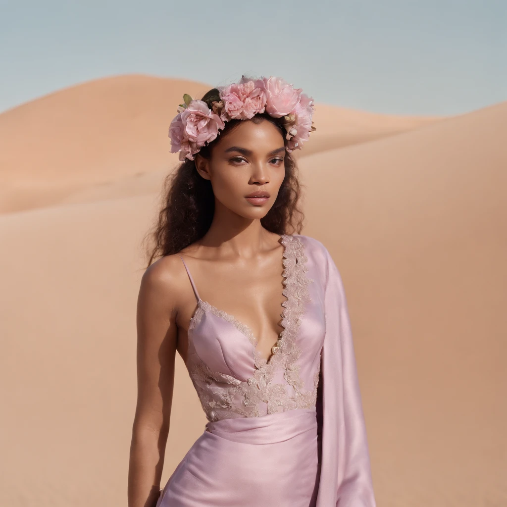 Ultra detailed, for adult, bold fashion editorial photography, taken on Hasselblad camera and Kodak Portra by Tim Walker. Beautiful mulatto female model standing in the desert with flowers in hair, in the style of light pink and violet, duffy sheridan, layering, soft and dreamy, warmcore, elisabeth sonrel, beige and azure. Very photorealistic, Best world fashion magazines`s vibe, Vogue Magazine, W magazine, Harper’s Bazaar