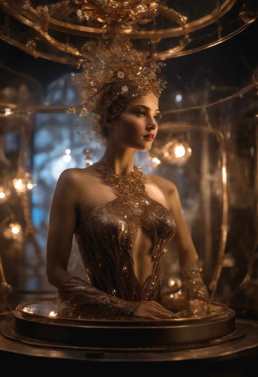 8K, hyper photorealism,photorealistic paintings, Studio quality, Delicate micromachined translucent ballerina glass full body standing on luminous pedestal , sparkle eyes, , mechanicalparts, Light-emitting diodes emit light , Scaly gelatinous mosaic armor, Translucent glass skin , Intricate , 1.8 Canon 100mm F2.8 background old steampunk toy store, Dust, Night textures