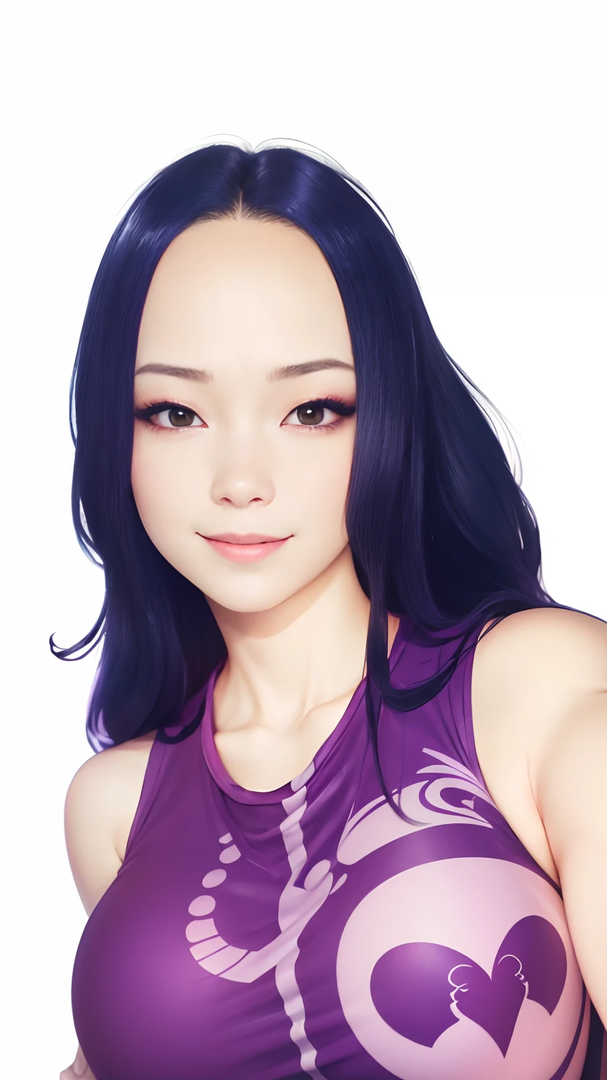 Beautiful girl with long hair, big boobs and violet dress, smiling at her Photo selfie, reference from Boa Hancock One Piece, make it realistic full HD color