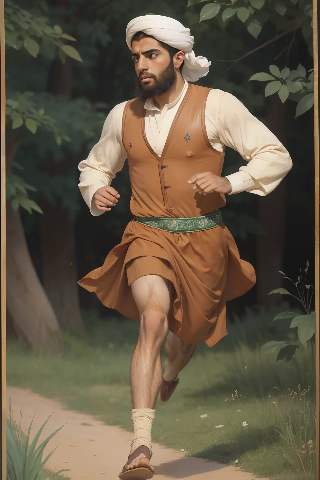 Year: 11th century. Location: Ispahan. Pre-raphaelite scene with a 29-year-old persian man, running in a race, ((((11th century qamis)))) ((11th century hairstyle)), (((cinematic style)))