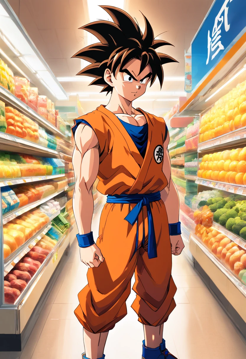 Super Saiyajin Goku, al aire libre, en un supermercado