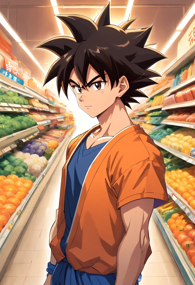 Super Saiyajin Goku, al aire libre, en un supermercado
