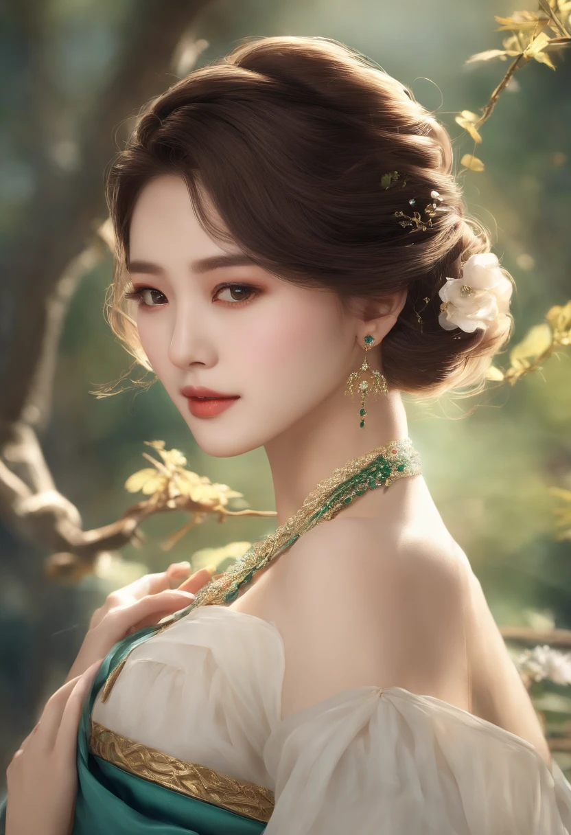Idade: Age24
name: Mio Arisugawa（Mio Arisugawa）
Skin color: Natural olive-colored skin
Breast size: D Cup
hairdo、length: Mio's hair is medium length with wavy、It has a deep brown color。She has lightly curled bangs on the right side.、The flowing hairstyle on the back complements her beauty。
Characteristic ornaments: Mio on her left wrist、She wears a delicate bracelet adorned with fine emeralds and sapphires.。pure、A small golden bird hairpin is fastened to her hair.、That hairpin characterizes her individual style。