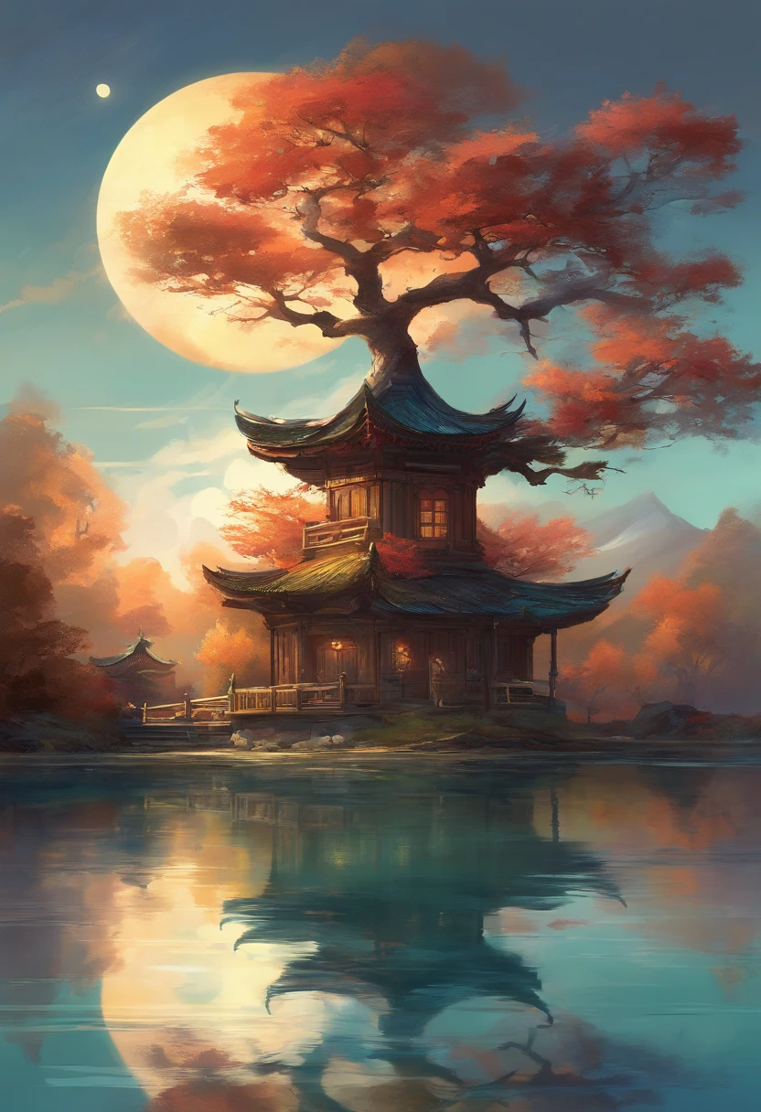 Trees reflected in the lake,The background is the house, author:Xia Yong, author:Cheng Jiasui, author:Yu Zheding, author:Wang Duo, Amazing composition, author:Shang Xi, author:Dai Xi, author:Shi Rui, Perfect composition Artem Demura, amazing simple composition, beautiful reflexions, author:Ji Sheng