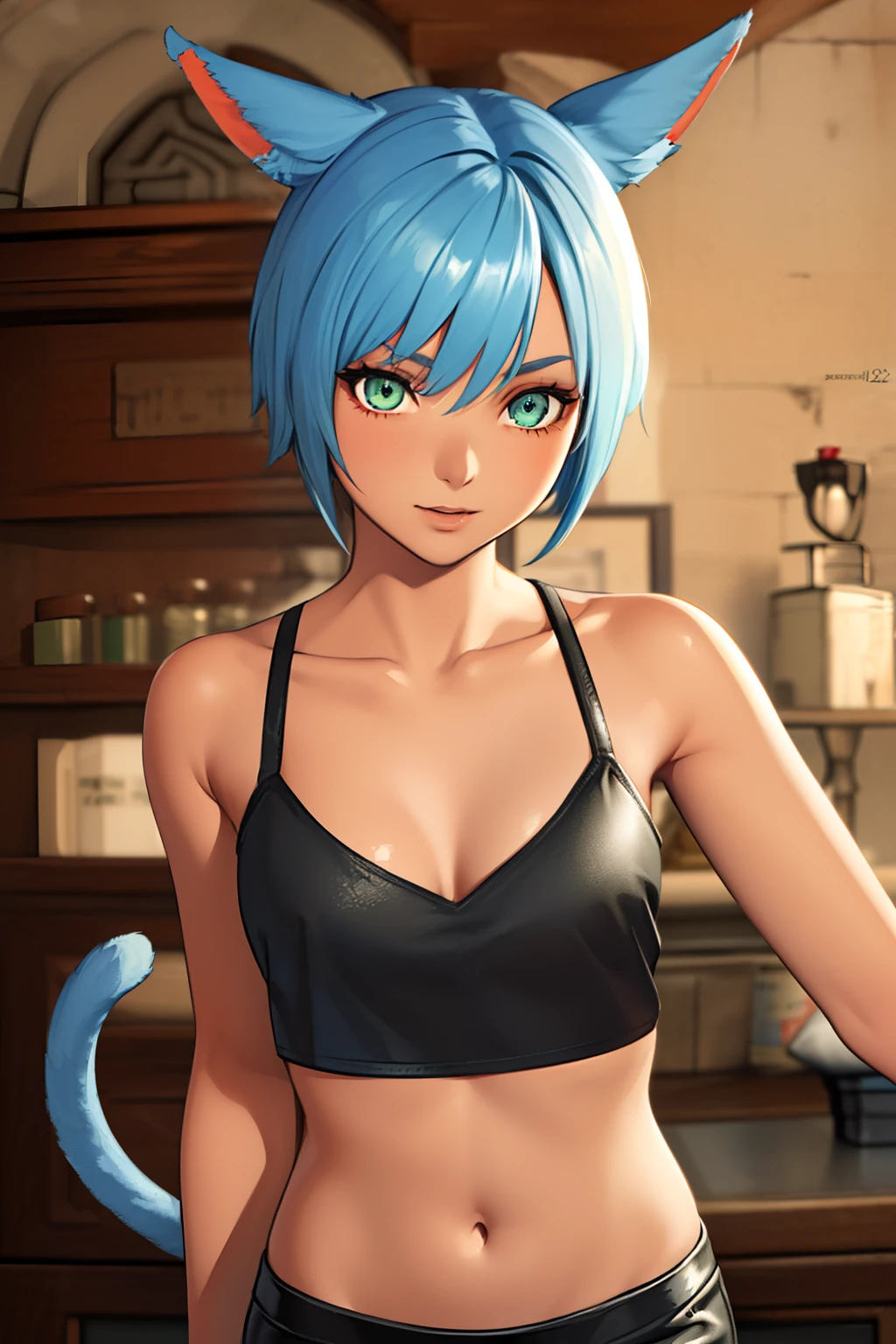 (masutepiece:1.2, Best Quality, Photo Real Stick), 1girl, radhy_shamar \(ffxiv\), (Cool Beauty), pixie cut, Blue hair, cat ears, cat tail:1.2, ((no-human ears:1.2, no-pinted ears:1.2)), light-cyan eyes, middlebreasts, ((black camisole:1.4, green leather-jaket:1.4)), red mini-skirt, ((Face Close-up:1.2, Face Focus:1.2, Looking at Viewer, Upper body)), Smile lightly without opening your mouth, fantasy background,