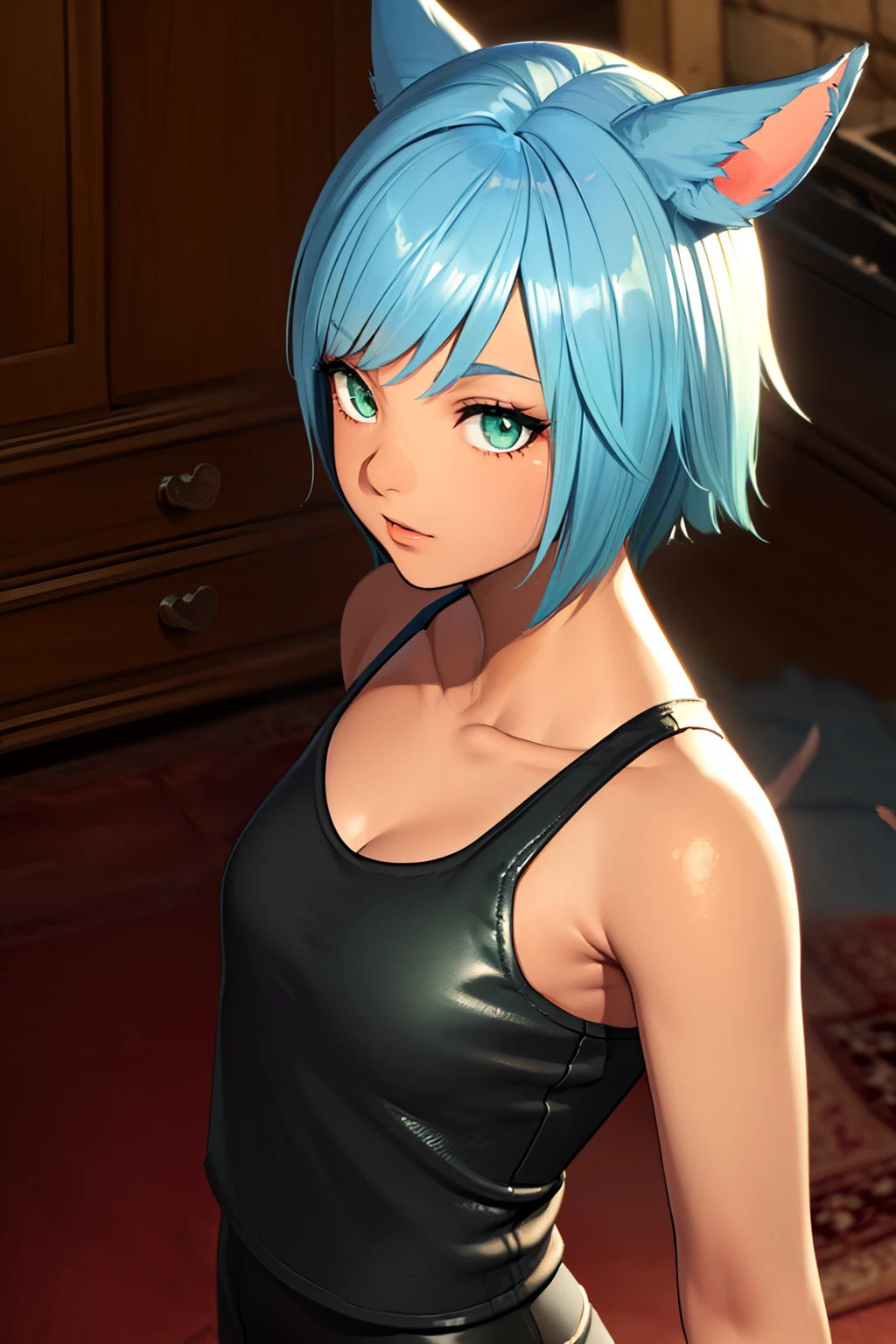 (masutepiece:1.2, Best Quality, Photo Real Stick), 1girl, radhy_shamar \(ffxiv\), (Cool Beauty), pixie cut, Blue hair, cat ears, cat tail:1.2, ((no-human ears:1.2, no-pinted ears:1.2)), light-cyan eyes, middlebreasts, ((black camisole:1.4, green leather-jaket:1.4)), red mini-skirt, ((Face Close-up:1.2, Face Focus:1.2, Looking at Viewer, Upper body)), Smile lightly without opening your mouth, fantasy background,