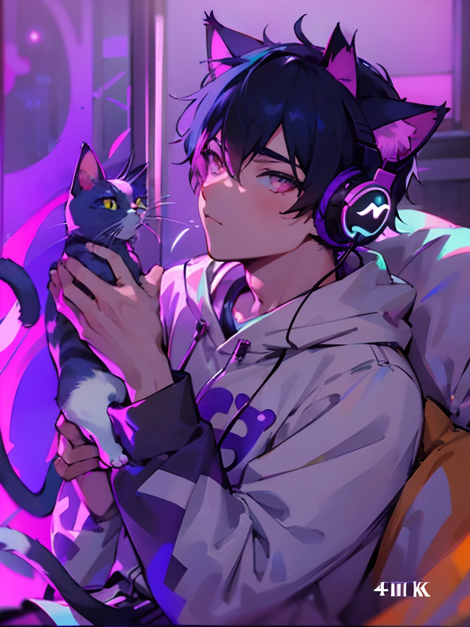 anime boy with headphones holding a cat and wearing headphones, boy with cat ears and tail, nightcore, anime moe artstyle, anime cat, anime artstyle, anime style 4 k, lofi artstyle, anime style. 8k, in anime style, kuvshinov ilya, digital anime illustration, anime boy, anime girl with cat ears, lofi portrait