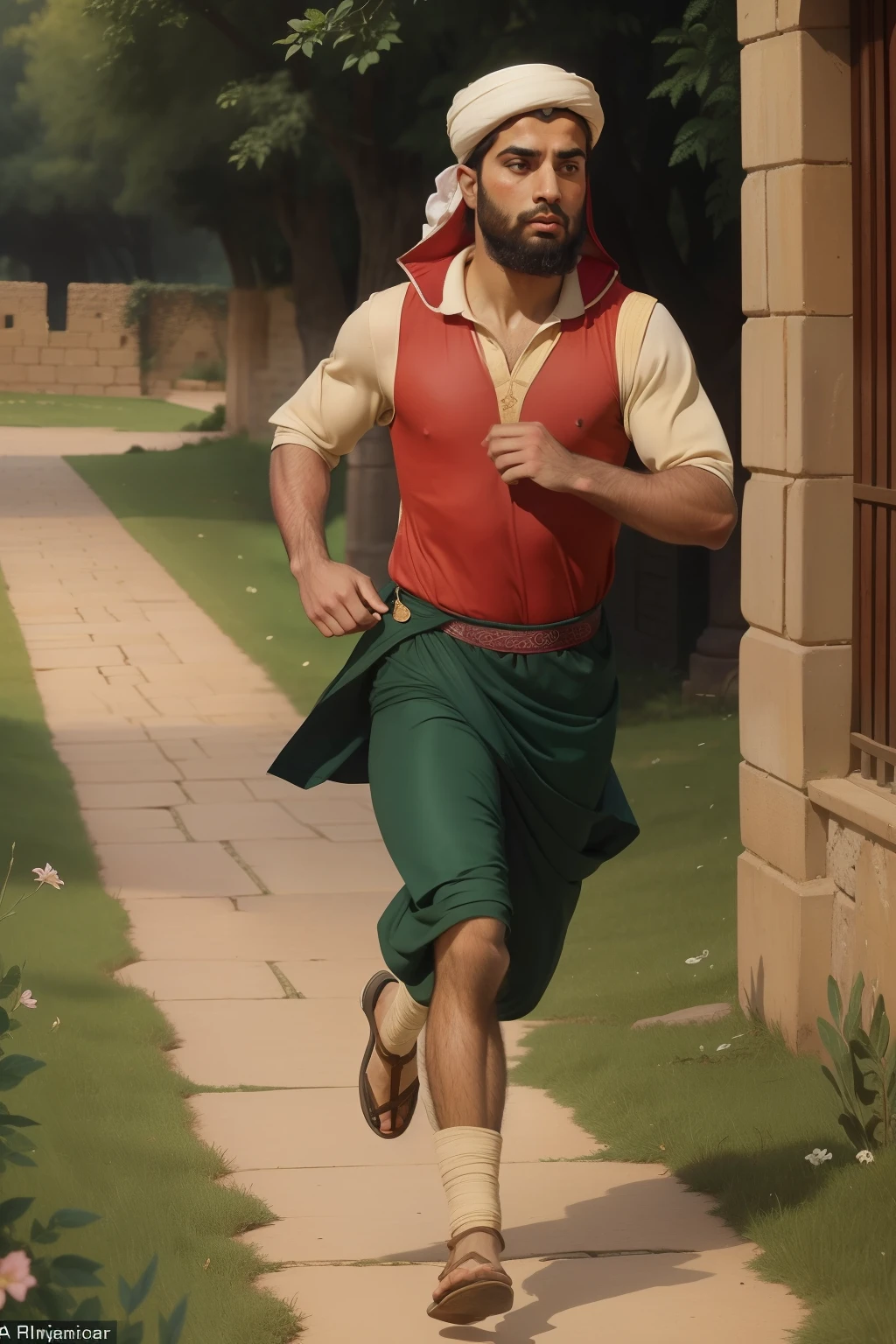 Year: 11th century. Location: Ispahan. Pre-raphaelite scene with a 29-year-old persian man, running in a race, ((((11th century qamis)))) ((11th century hairstyle)), (((cinematic style)))