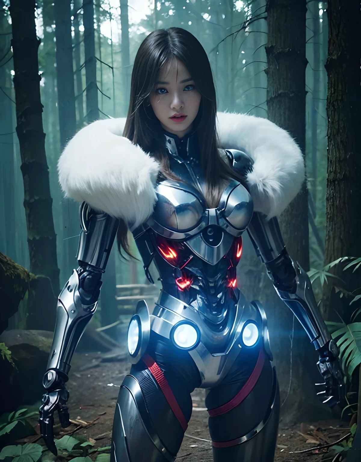 (1 Mechanical Girl)、top-quality、masterpiece、超A high resolution、(Photorealsitic:1.4)、Raw photo、1人、Fight mutants、glowy skin、(((1 Mechanical Girl)))、With a beautiful knife、(Green Metal Bodysuit)、(Kobold、ogre、Fierce battle with orcs),(Fight fiercely against aliens)、Fight fiercely、(beautiful forest background)、(Fighting Demonic Beasts)、(Small LED)、((super realistic details))、portlate、(Strong giant demon beast background),globalillumination、Shadow、octan render、8K、ultrasharp、Colossal tits、Raw skin is exposed in cleavage、metals、Details of complex ornaments、Japan details、highly intricate detail、Realistic light、(Mystical expression),CGSoation Trends、Blue eyes、radiant eyes、Facing the camera、neon details、(Mechanical limbs)、(blood vessels connected to tubes)、Mechanical vertebrae attached to the back、mechanical cervical attaching to neck、(Wires and cables connecting to the head)、Gundam、Small LED、,Mechanical thighs、Toostock、(Hands are also made of machines)、(Attack of the Monster Beasts)、(Wounded in a deadly battle)、