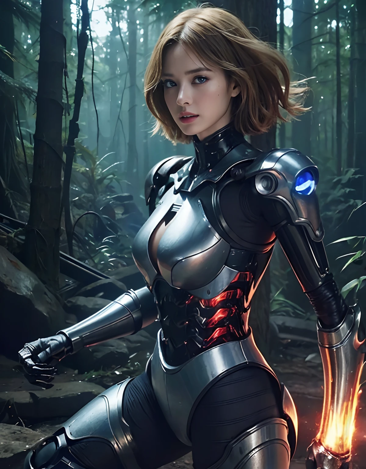 (1 Mechanical Girl)、top-quality、​masterpiece、超A high resolution、(Photorealsitic:1.4)、Raw photo、***1人、Fight mutants、glowy skin、(((1 Mechanical Girl)))、With a beautiful knife、（Green Metal Bodysuit）、(Kobold、ogre、Fierce battle with orcs),（Fight fiercely against aliens）、Fight fiercely、(beautiful forest background)、(Fighting Demonic Beasts)、(Small LED)、((super realistic details))、portlate、(Strong giant demon beast background),globalillumination、Shadow、octan render、8K、ultrasharp、Colossal tits、Raw skin is exposed in cleavage、metals、Details of complex ornaments、Japan details、highly intricate detail、Realistic light、(Mystical expression),CGSoation Trends、Blue eyes、radiant eyes、Facing the camera、neon details、(Mechanical limbs)、(blood vessels connected to tubes)、Mechanical vertebrae attached to the back、mechanical cervical attaching to neck、(Wires and cables connecting to the head)、Gundam、Small LED、,Mechanical thighs、Toostock、（Hands are also made of machines）、（Attack of the Monster Beasts）、（Wounded in a deadly battle）、