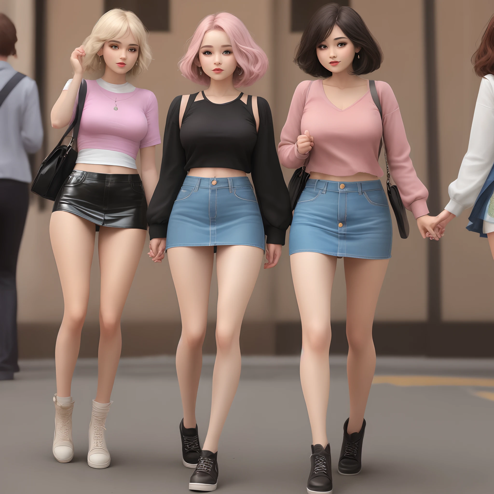 18 year old teen with average sized breastswearing a translucent green crop top and pink mini skirt. She has pink hair and blue eyes