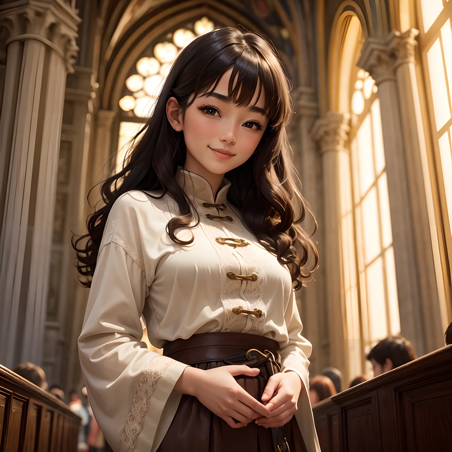 Italian Chinese girl with brown curly hair smiling confidently in Cathedral of Santa Maria del Fiore