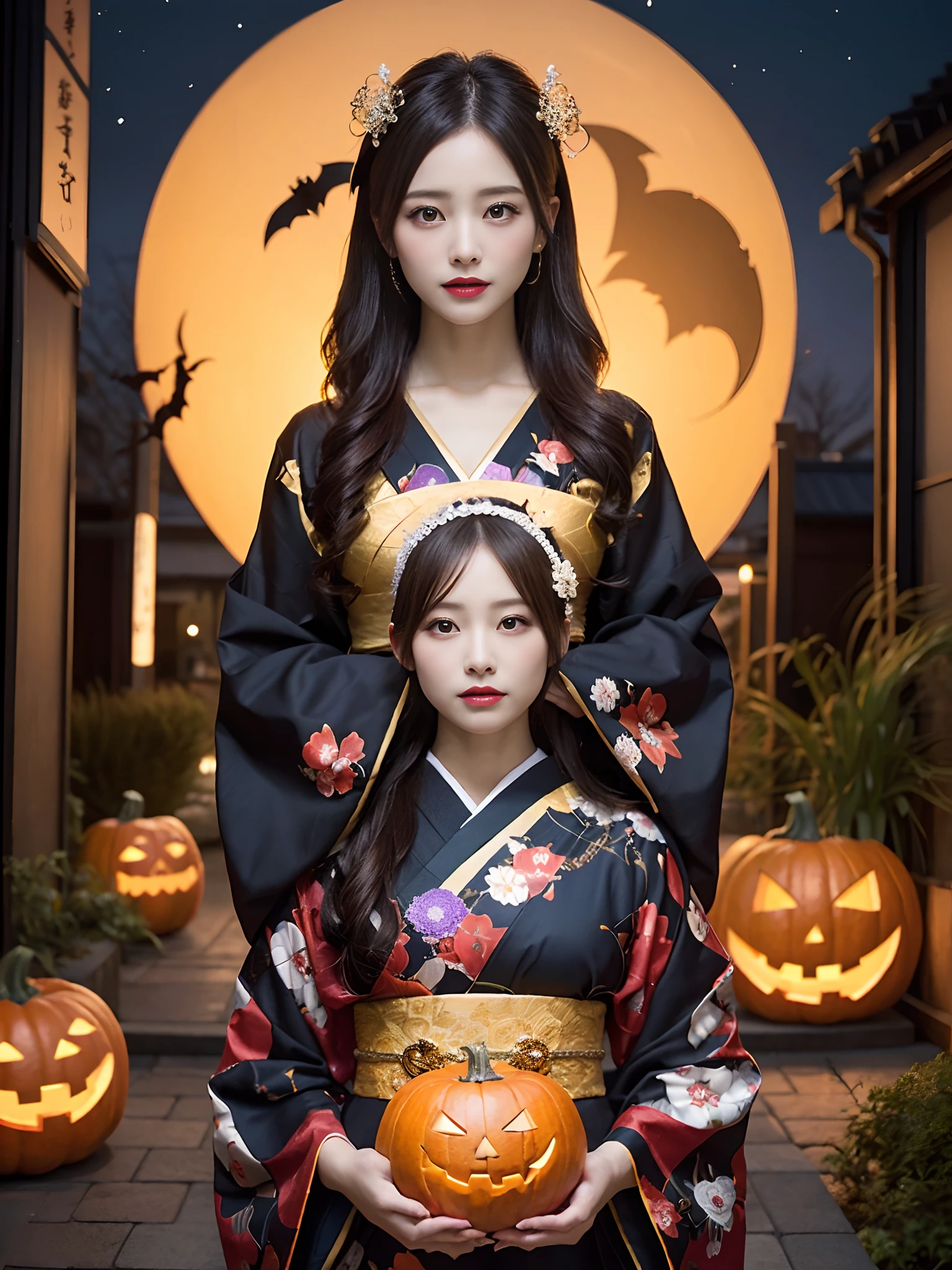 In a futuristic scene, Geisha in Japan with mechanical reinforcement、Elegant in elaborate gardens. She has beautifully detailed eyes and lips that complement her face. Geishas wear traditional kimonos with intricate patterns and designs. Night city and Halloween decorations around her. The scene is painted with a blend of illustration and photorealism, Ultra-detailed brush strokes and clarity, Vivid colors. Lighting emphasizes the elegant features of the geisha, Gives her porcelain skin a soft glow. Artwork is of the highest quality, 4K or 8K resolution, Showcase the intricate details of geisha attire, nightcity、Halloween. The overall color scheme is、It is a combination of traditional shades of Japan, Crimson, etc., blacks, and subtle gold accents, With a futuristic twist. The fusion of ancient traditions and modern technology is、Create captivating and visually striking masterpieces.Halloween、Halloween、pumpkins、Background Halloween