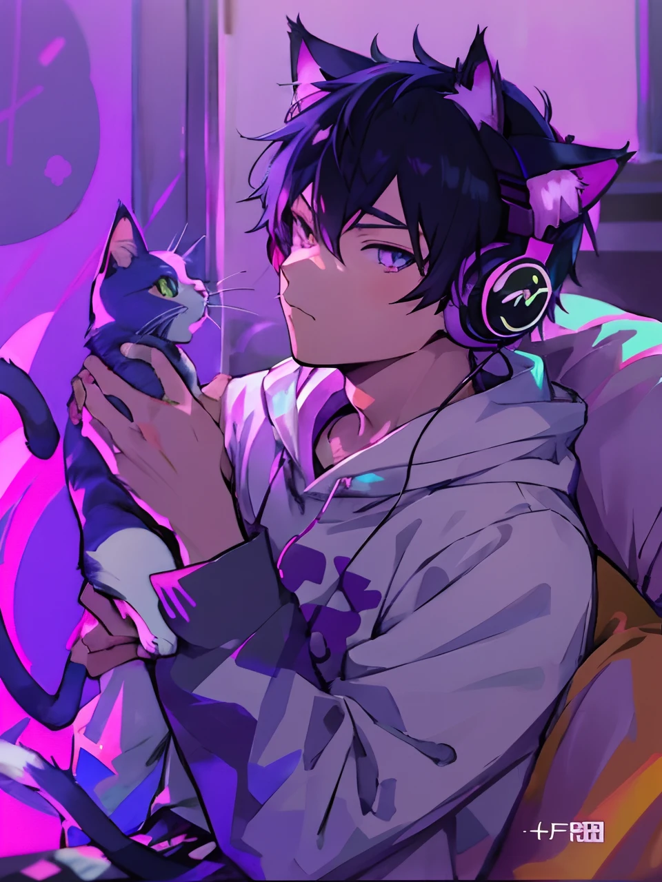 anime boy with headphones holding a cat and wearing headphones, boy with cat ears and tail, nightcore, anime moe artstyle, anime cat, anime artstyle, anime style 4 k, lofi artstyle, anime style. 8k, in anime style, kuvshinov ilya, digital anime illustration, anime boy, anime girl with cat ears, lofi portrait