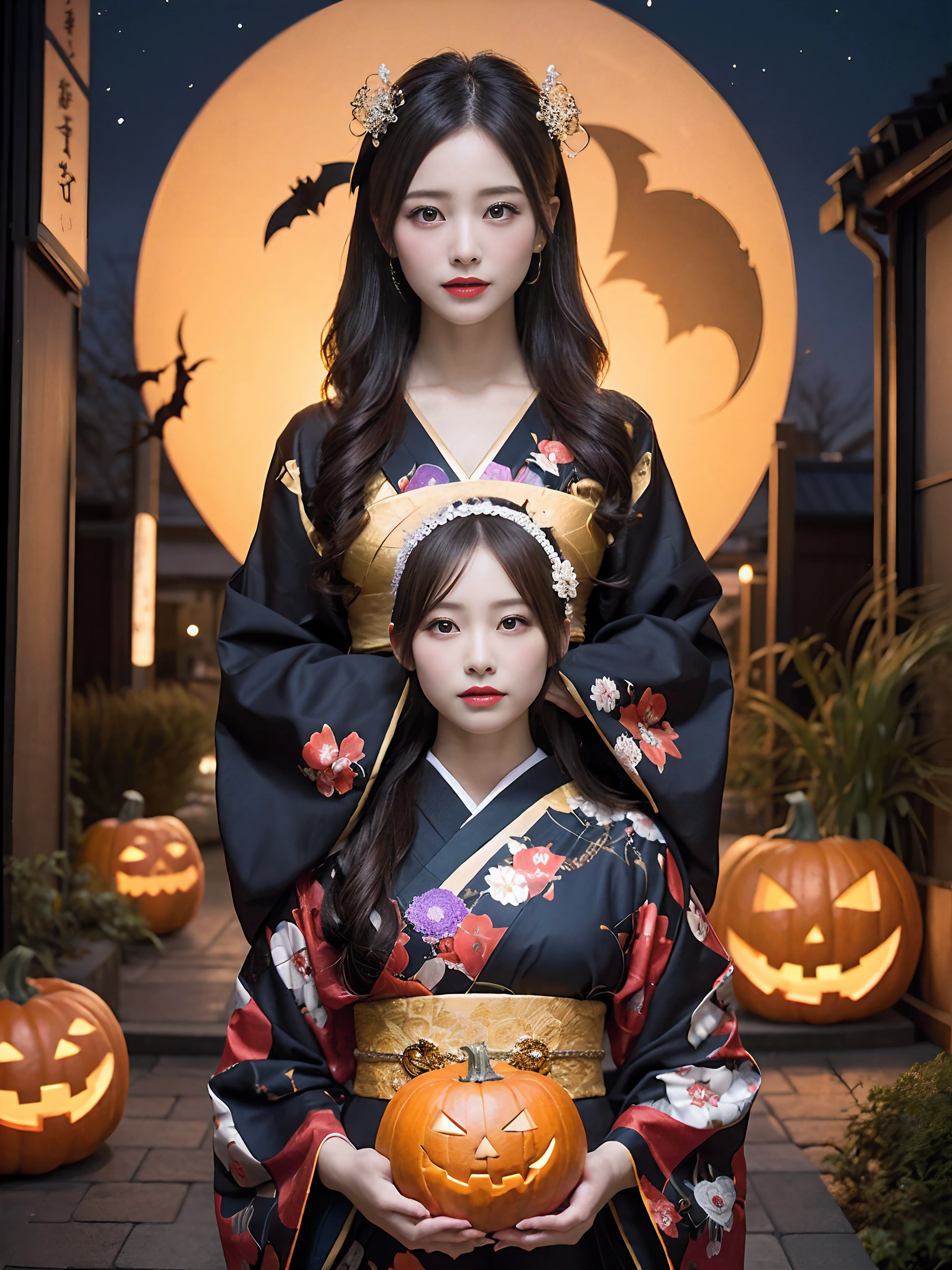 In a futuristic scene, Geisha in Japan with mechanical reinforcement、Elegant in elaborate gardens. She has beautifully detailed eyes and lips that complement her face. Geishas wear traditional kimonos with intricate patterns and designs. Night city and Halloween decorations around her. The scene is painted with a blend of illustration and photorealism, Ultra-detailed brush strokes and clarity, Vivid colors. Lighting emphasizes the elegant features of the geisha, Gives her porcelain skin a soft glow. Artwork is of the highest quality, 4K or 8K resolution, Showcase the intricate details of geisha attire, nightcity、Halloween. The overall color scheme is、It is a combination of traditional shades of Japan, Crimson, etc., blacks, and subtle gold accents, With a futuristic twist. The fusion of ancient traditions and modern technology is、Create captivating and visually striking masterpieces.Halloween、Halloween、pumpkins、Background Halloween