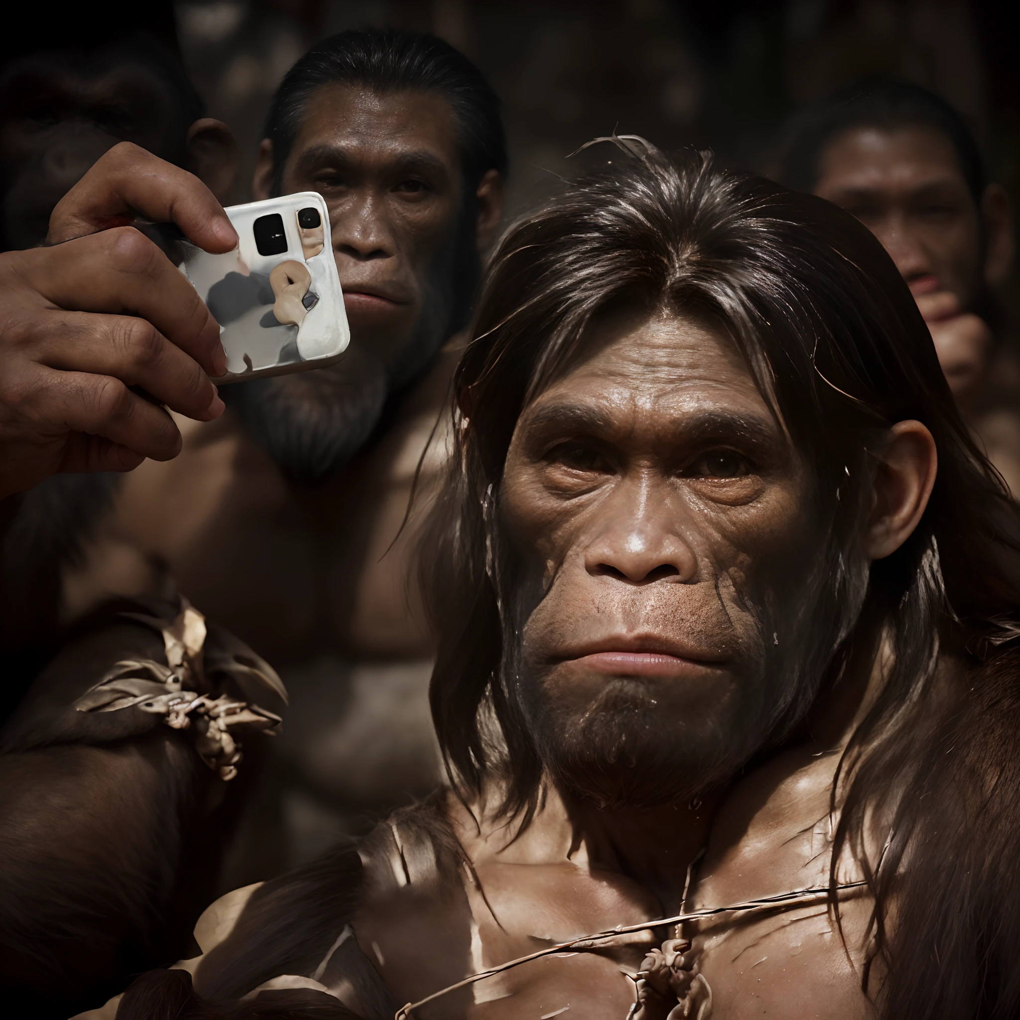 a gorilla takes a selfie, A Neanderthal. 1 chimpanzee, 1 gorilla, 1 baboon, 1 orangutan, A primitive monkey stares at a mobile phone. Enchanted in front of a mobile phone. He looks at it directly with suspicion and curiosity. Long dark beard hair, dark long hair. Idiotic expression. Soft lights. Draw faces, a group of primitive humans entranced, primitive humans enchanted, primitive humans fascinated, primitive humans intrigued, (a group of primitive men are entranced in front of a mobile phone, they look at it with suspicion and curiosity), super realistic, 8k, sharp focus, high detail, majestic photograph, Trending on CGSociety, Artstation, portrait, detailed messy black beard, portrait shot, Detailed skin, detailed faces, Natural Skin Texture, skin detail, WET skin, dirty skin, wet face, high contrast, realistic skin, skin pores, high contrast, realistic skin, skin pimples, intricate details, raw photo, lifelike rendering, immersive atmosphere, chiaroscuro