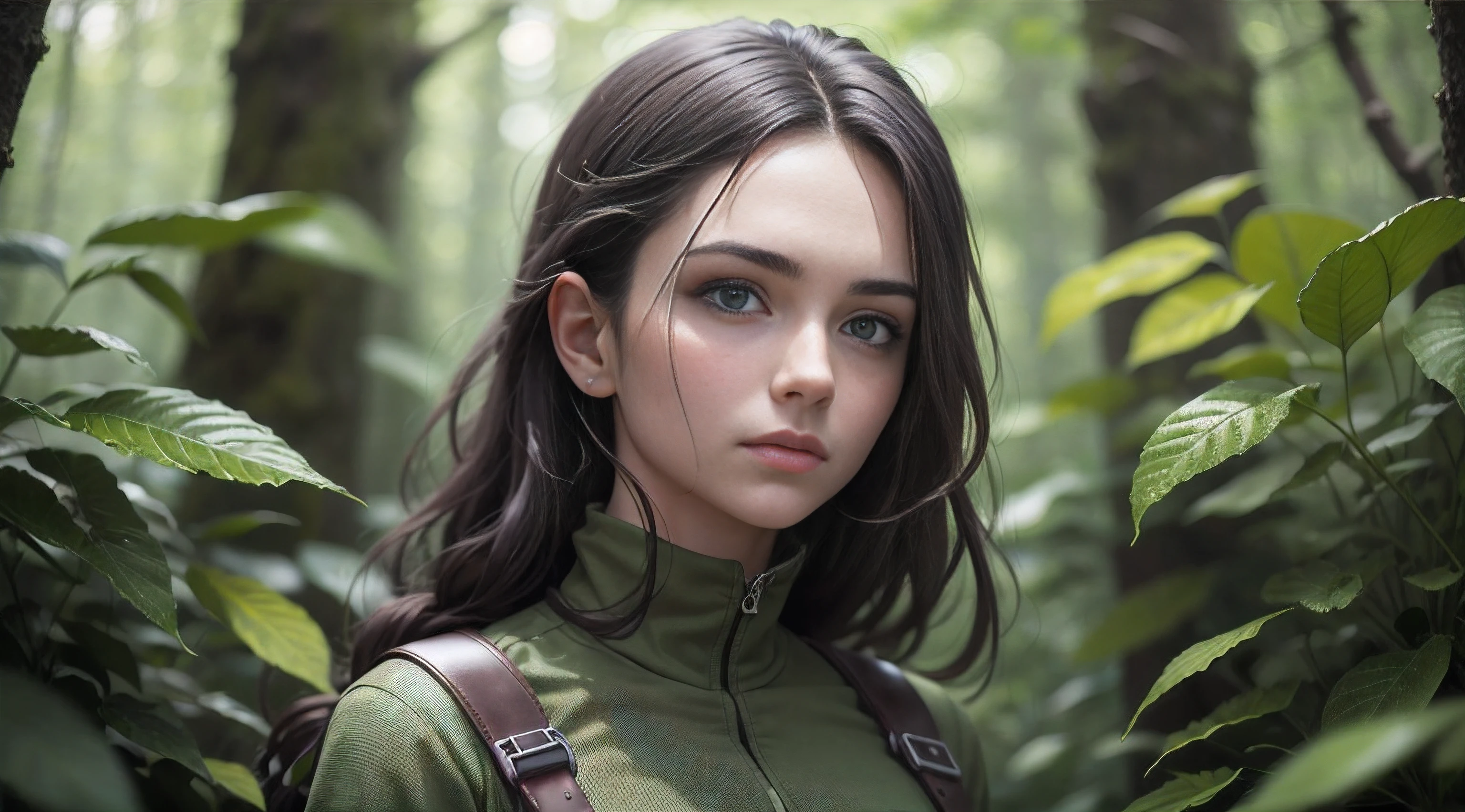 a 8k high resolution image of a young beautiful woman in her mid-20s, stands alone on the edge of the Whispering Woods. She possesses an air of quiet determination, a stark contrast to the looming darkness of the forest that surrounds her. she has a lithe and athletic build,Hair: Dark, wavy locks frame her face and cascade down to her shoulders. dressed in practical, earth-toned clothing that blends seamlessly with the forest surroundings. She wears durable brown or olive-green pants that provide freedom of movement for her outdoor pursuits. Her long-sleeved shirt is made from breathable, moisture-wicking material, a testament to her preparedness for the elements. Her attire is accented with sturdy leather gloves, providing protection as she navigates through the dense foliage.Her eyes are a striking shade of hazel, reflecting a mix of curiosity and apprehension. the forest is dark and has a negative atmosphere