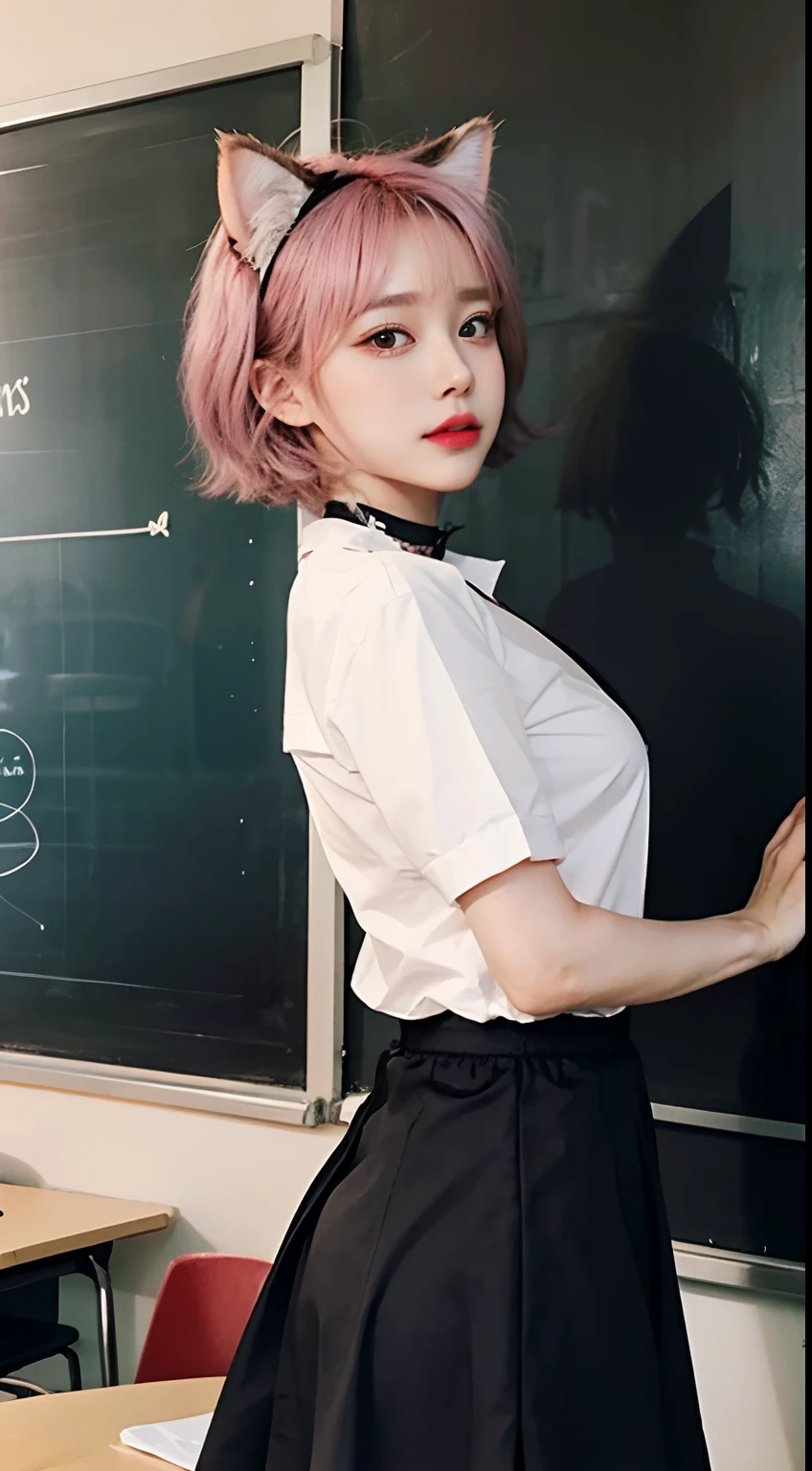 realisitic、top-quality、 1 人、Cat's ears、Pink hair,Short hair,Saliva、Choker、Classroom、Big under collared button shirt、Cat tail、pleatedskirt、chalk board、profetional lighting