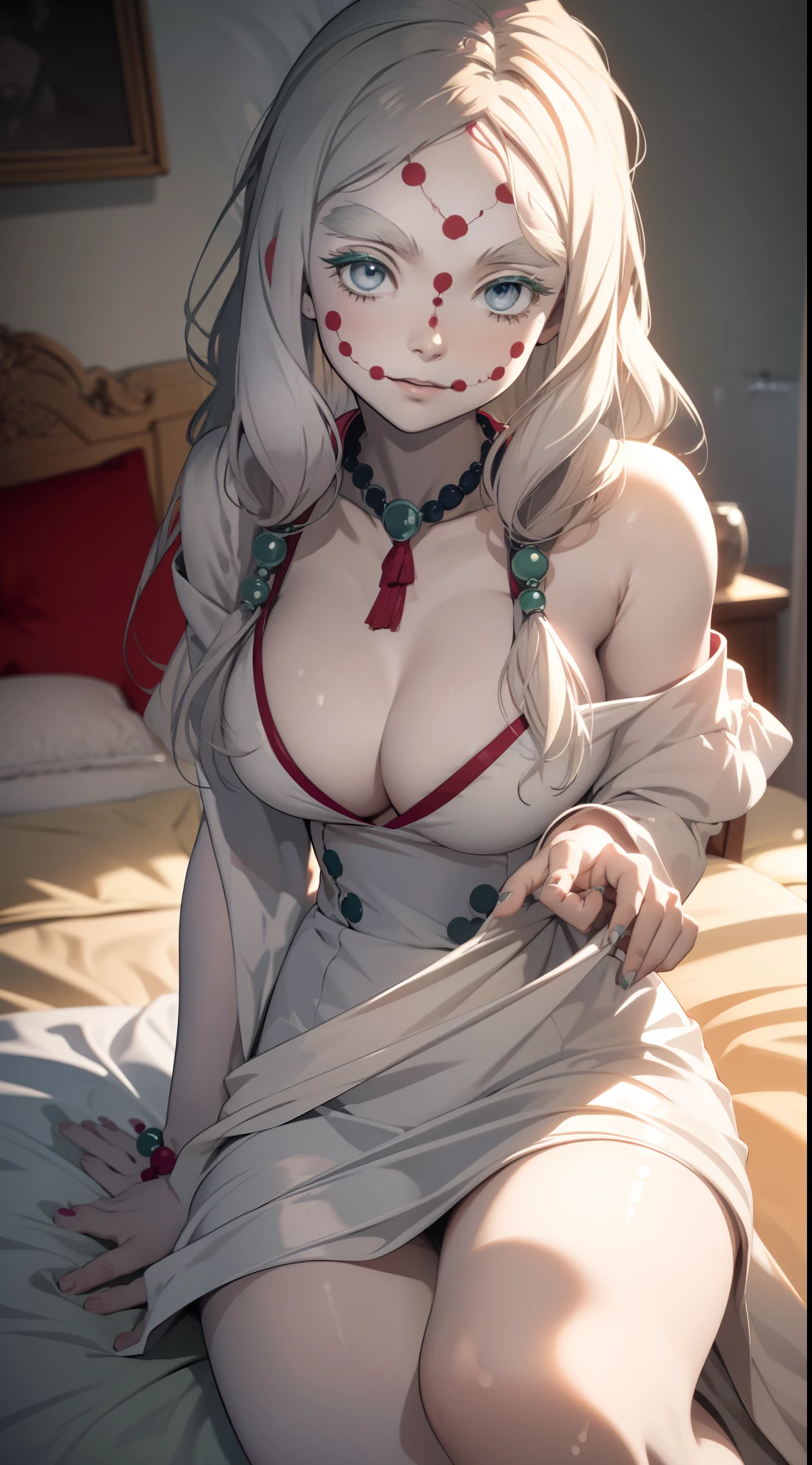 masterpiece, inside a bedroom, sleeping on bed, a warm color palette, rays of sunshine, Light art, (high detail:1.1), Rough face, White color hair, Off-the-shoulder attire, Large breasts, Natural skin, high quality, NSFW, beautiful eyes, (Detailed face and eyes), (the face: 1 2), noises, Extra, real photograph, ......PSD, Lamp film photography, sharp fokus, contrasty lighting, Delicate skin, High resolution 8K, insanely details, realisticlying, professional photoshooting, 8K  UHD, SLR camera, softlighting, high high quality, filmgrain, Fujifilm XT3