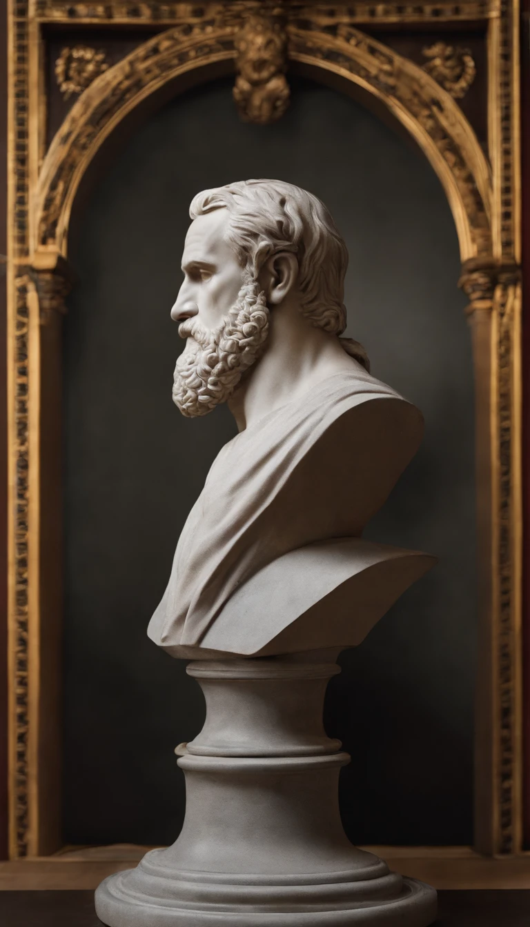A bust of an intelligent and imposing man, Since the age of 40, Thin, Beard and gray hair, The expression is serious,Experienced. High definition. Inspiration for the ancient Greeks. "Right in front of the camera