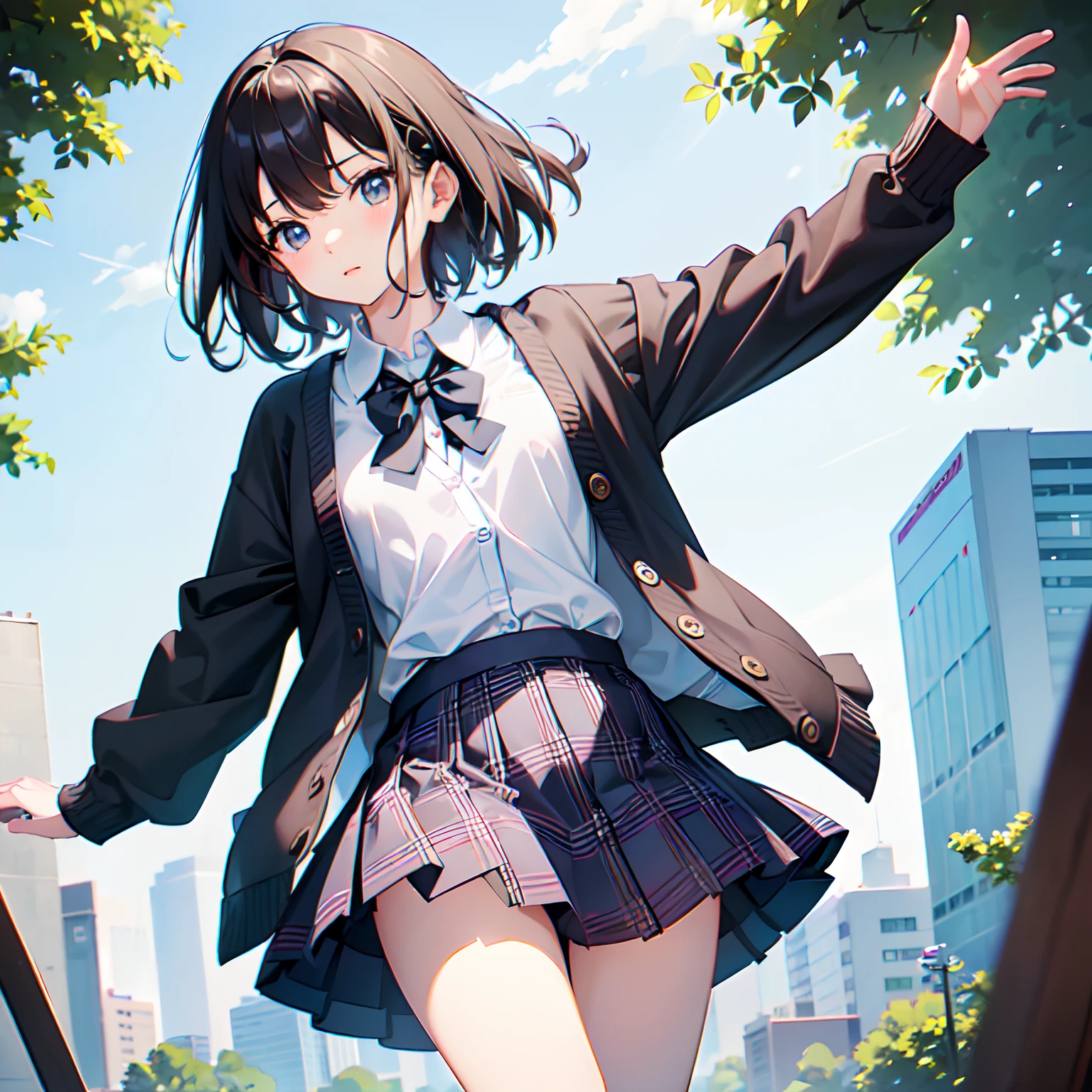 Super delicate and cute girl with black hair、1 persons、a junior high school student、14years、8K Ultra High Definition、Delicate texture、 Medium Hair、flat chest、(((Plaid mini skirt)))、(((Wearing a cardigan over a collared shirt)))、high socks、Plain clothe、Smiling、AS-Adult、Climb the stairs、Rear view