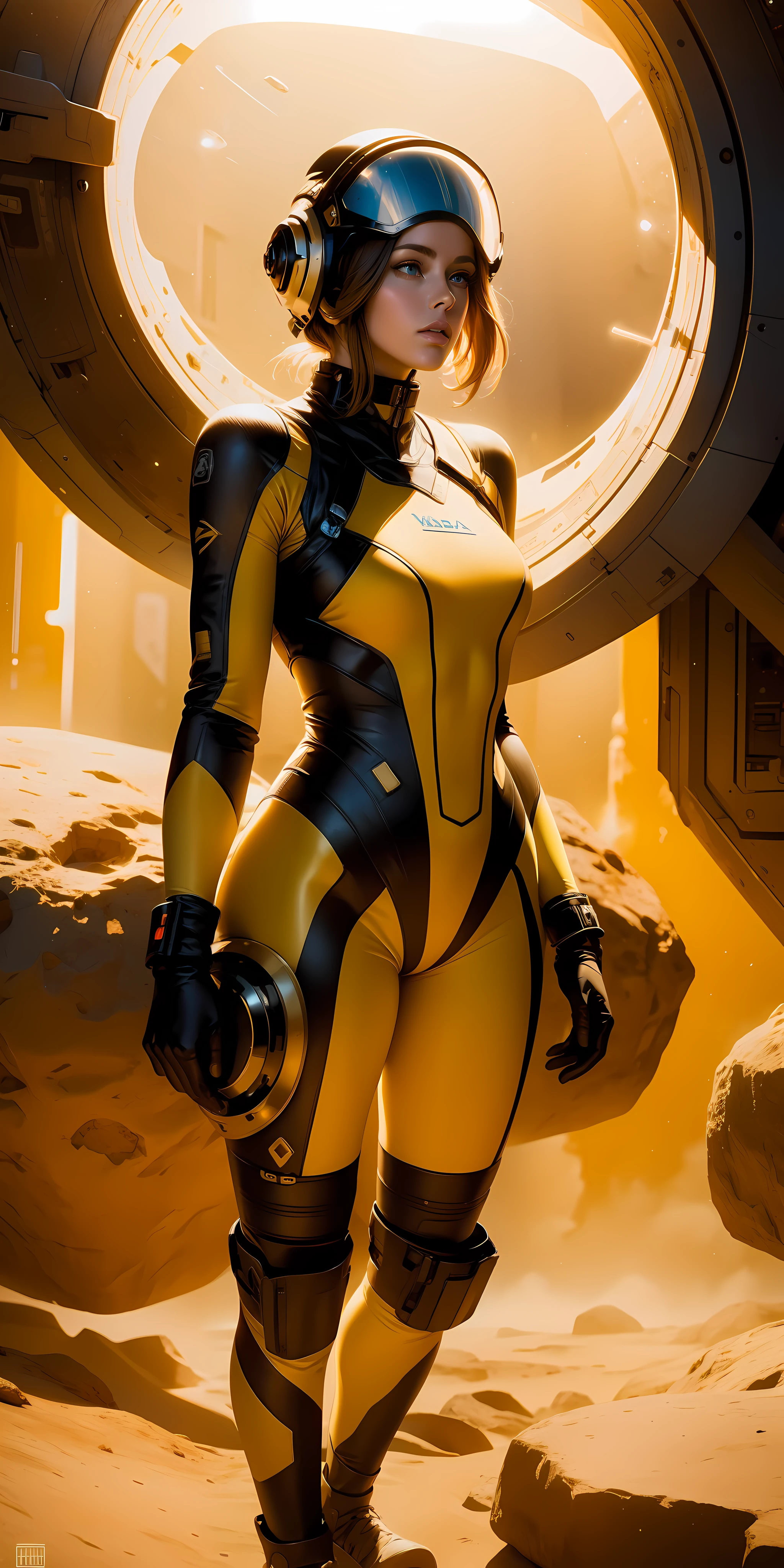 A woman in a spacesuit wearing a spacesuit with a space cap standing next to an asteroid, art trends, realistic female faces, delicate and good-looking faces, matte art, single yellow, looks a bit like Amy Adams, red desert Mars, Kylie Minogue as Barbarella, Ian Hubert's style, map Patreon, vivid colors, valerian, teethless, full body view