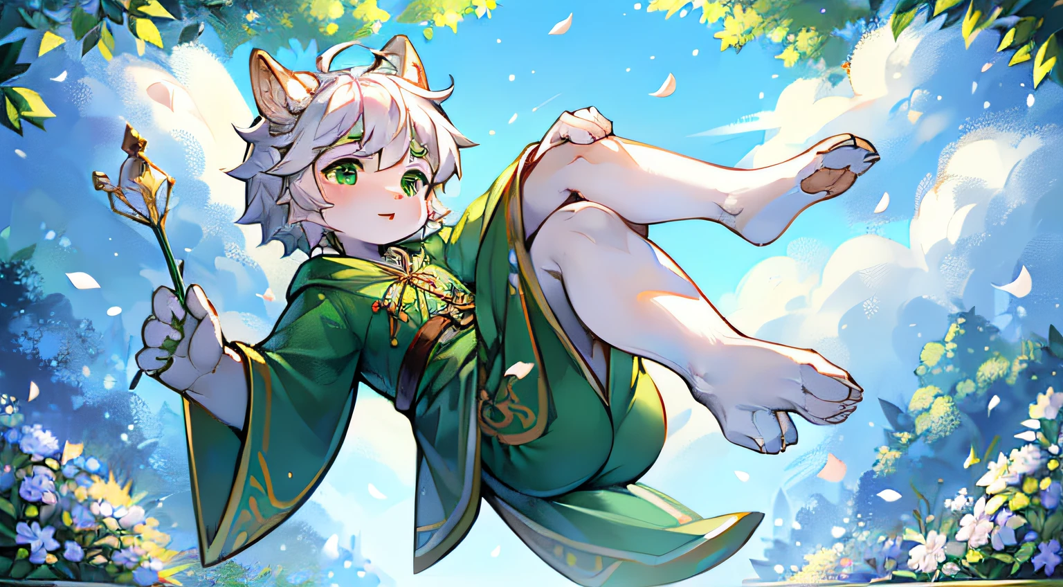 A white deer,Green eyes,Green robe,trpical garden,suns,blue-sky,ornate decoration,Colorful flowers,White petals,Shota,adolable,falling flower petals,white color hair,