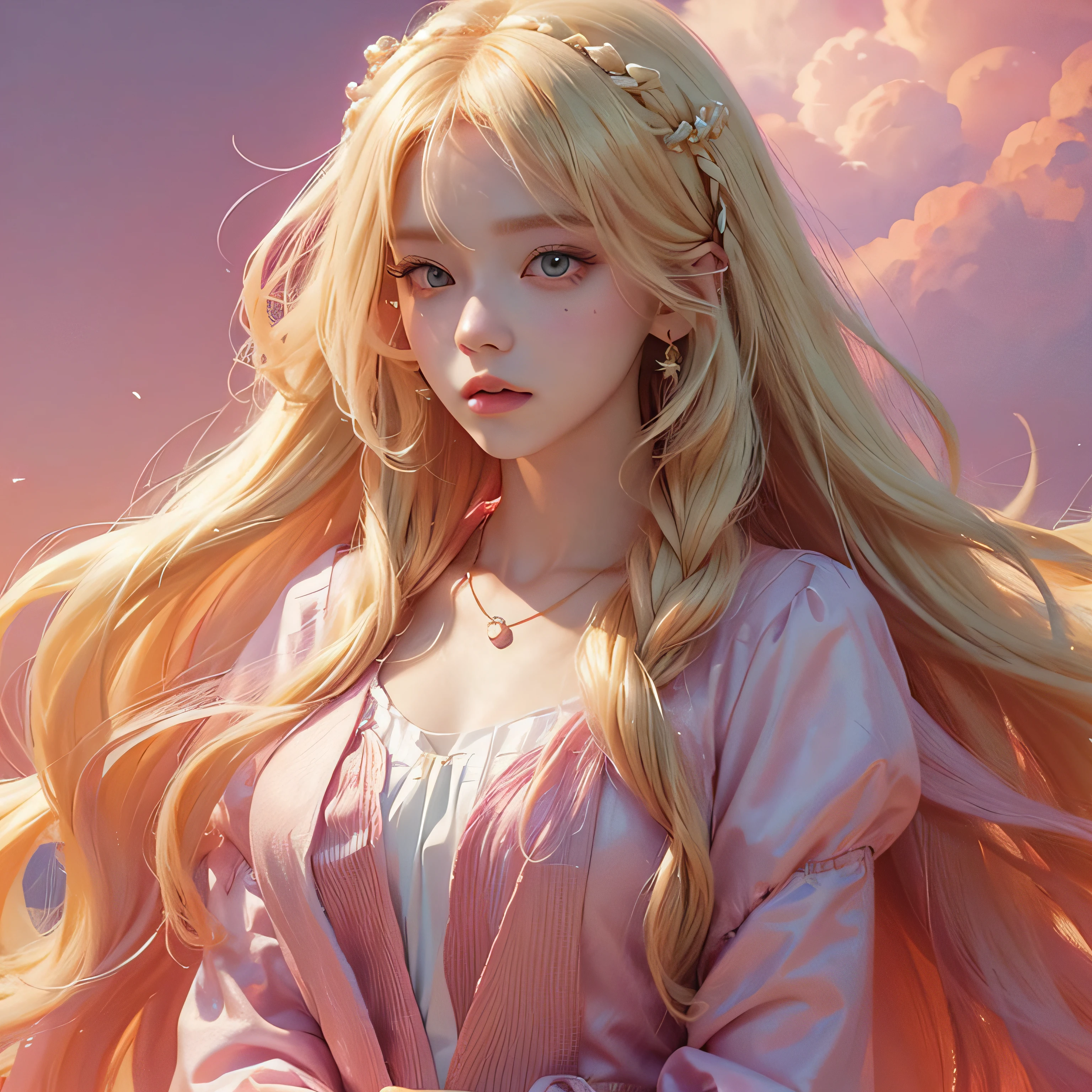 A woman with blonde hair and a necklace, digital art inspired by Yanjun Cheng, Tumblr, Rococo, portrait jisoo blackpink, floating golden hair, Long flowing blonde hair, long bubblegum hair, coiffed blonde hair, Pink girl, pink hues, ((Pink)), Long blonde hair, blond straight hair, curly blond hair