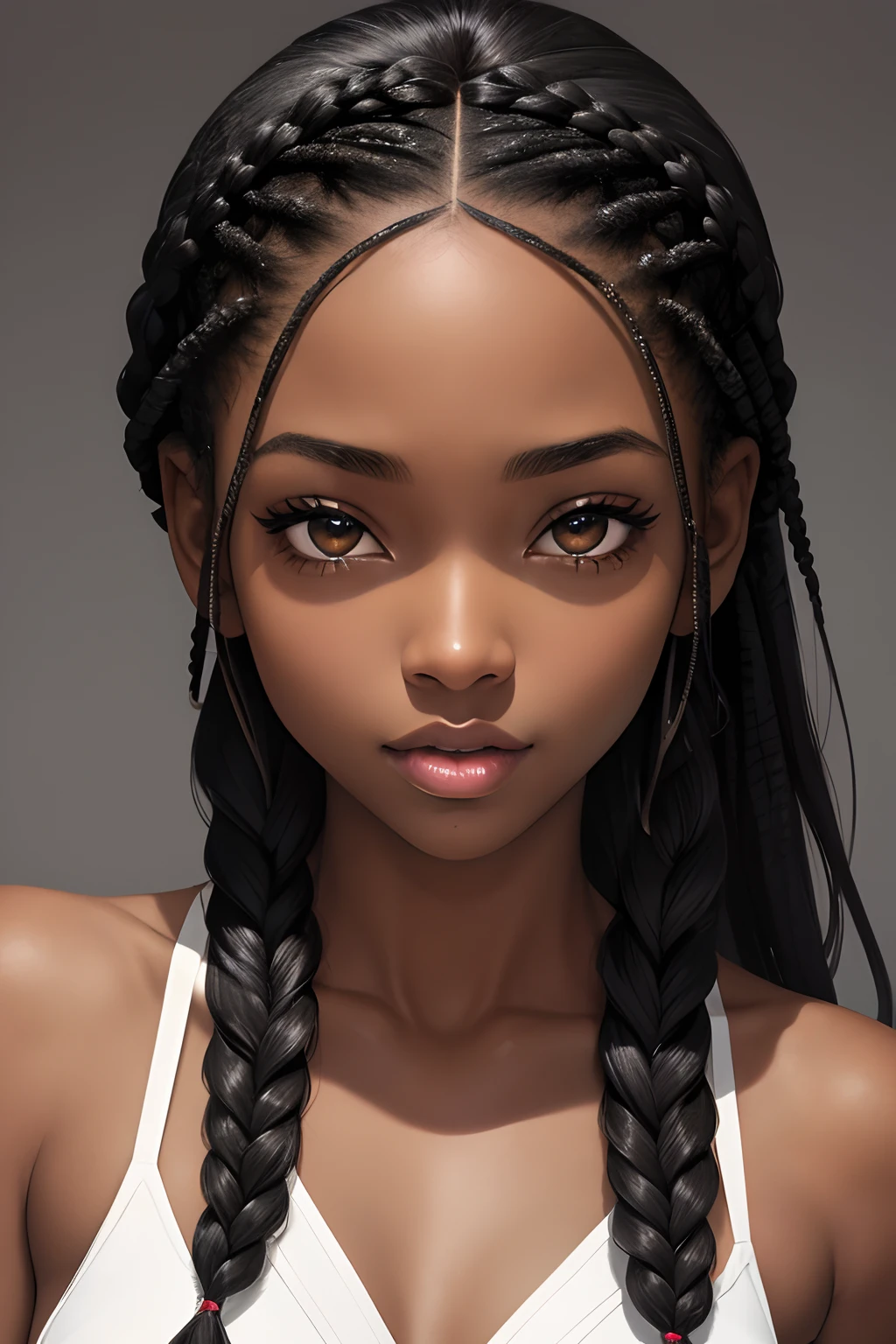 (masterpiece, best quality), deep ebony 1girl, beautiful face, Kimberly_jackson, freely braids, confused, upper body, (head tilted completely to the left)