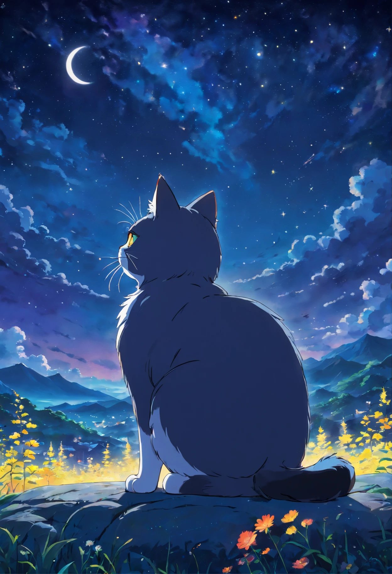 Amazing cat on black starry night sky