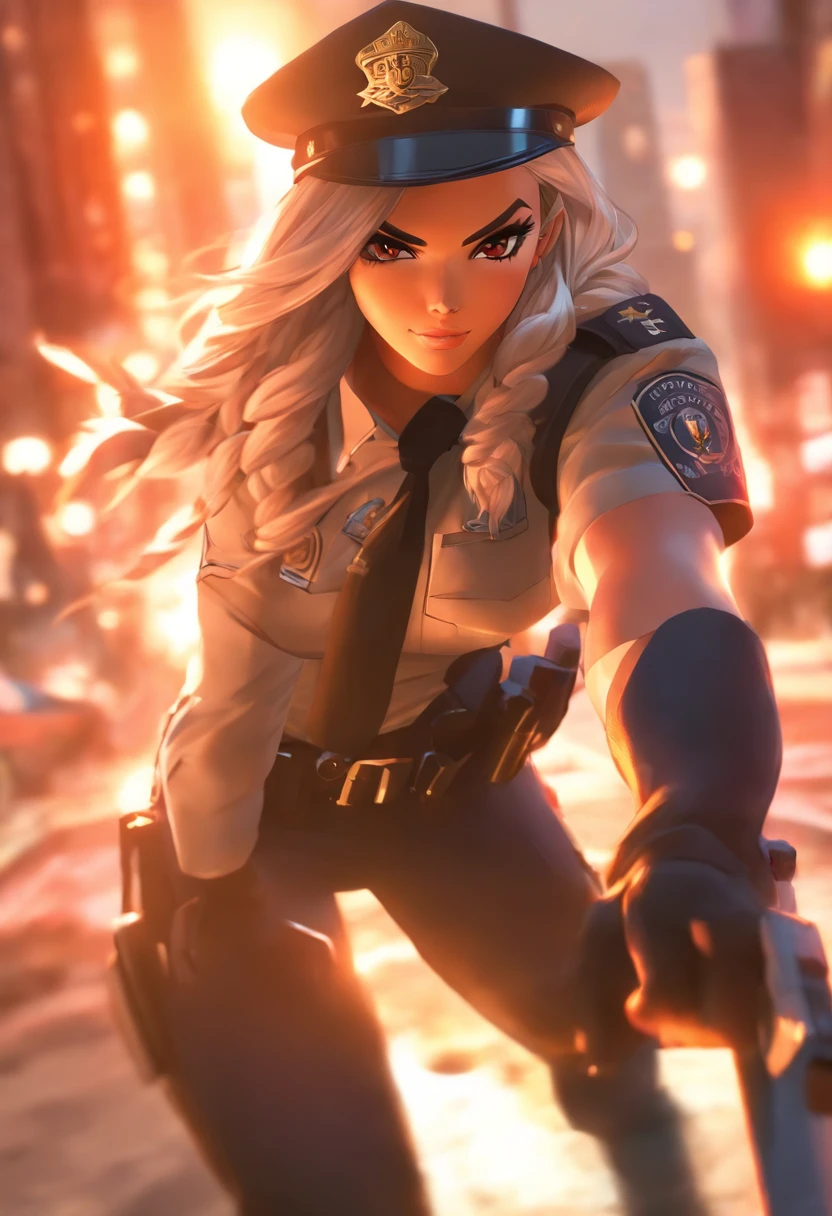 there is a woman in a police uniform holding a knife, braid white long hair , female ranger,  depth of field, masterpiece, best quality, 1girl, white hair, brown eyes,  long hair, , solo, looking at viewer  dappled sunlight,outfit: cop, police officer, full body shot hyperdetailed, cel shaded pbr, police uniform, high detail skin, gta character, rendered in sfm, highly detailed full body, full uniform