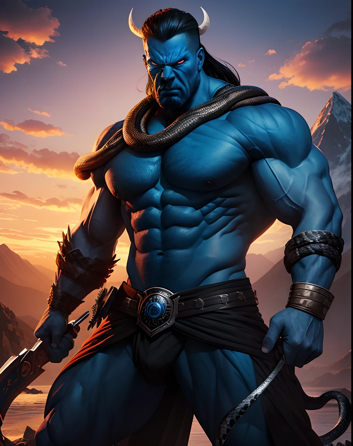 Make a digital art of angry man, make it scary,having a muscular body, hyper realistic, blue body, mountain in background, white eye, snake around the neck, trishul weapon in hand, color grade in sunset tone,