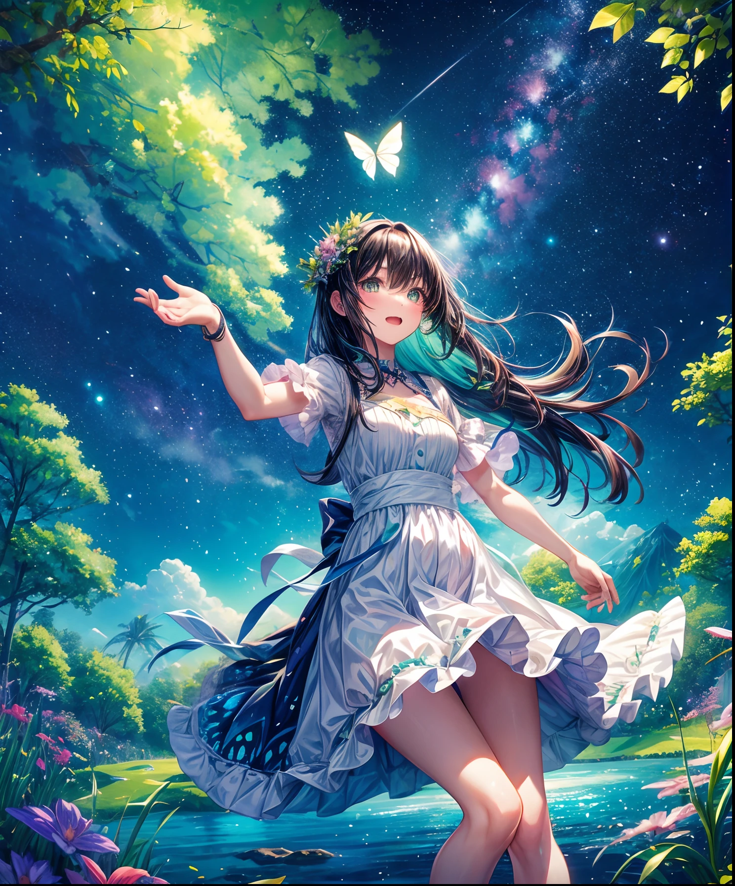 Cute girl characters、Green grass々Drawing a butterfly flying over the water, Looking up at the starry sky. Surround her with colorful nebulae and colorful forests.