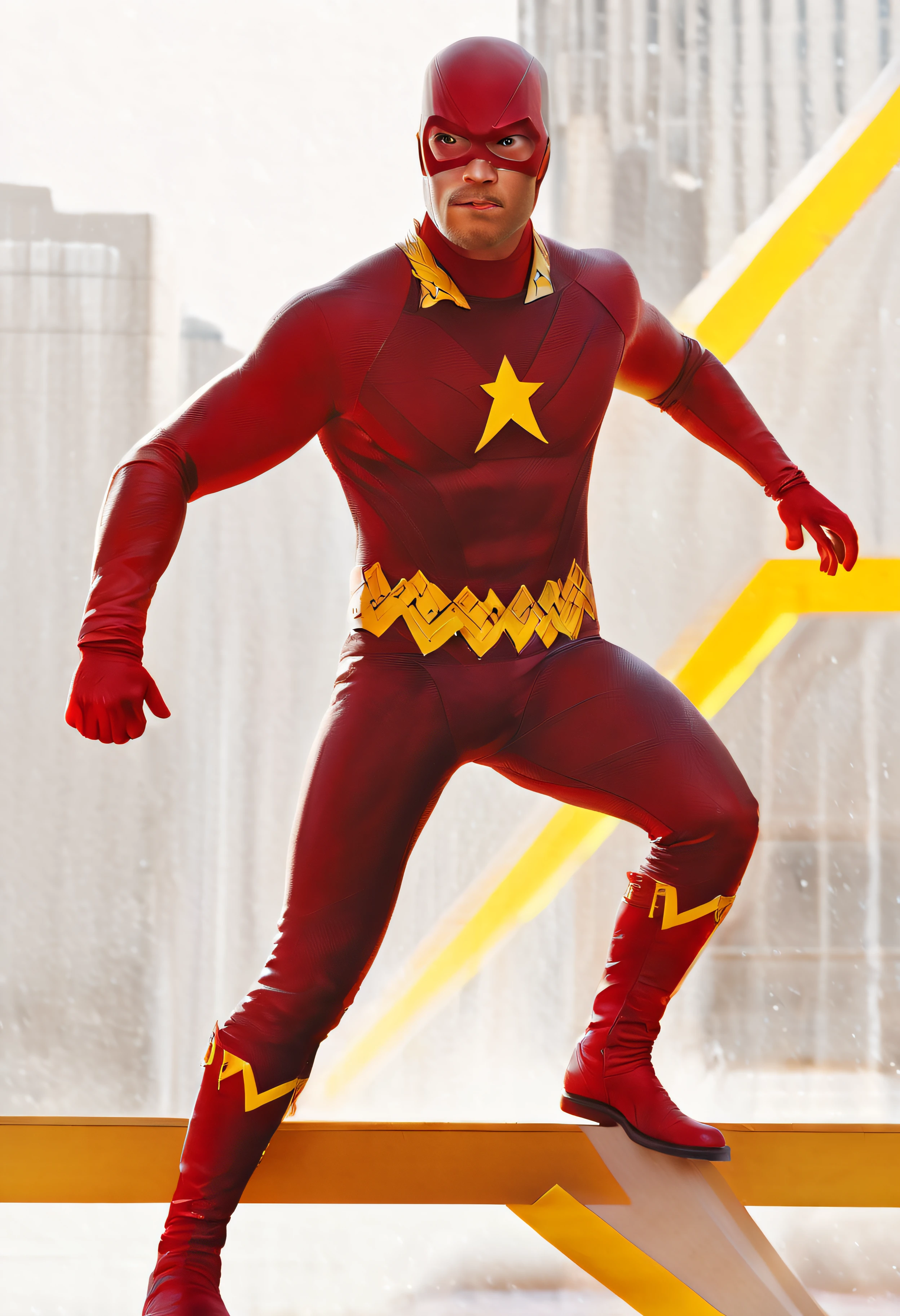 Art by Scott Kendall. Uncropped, full body image, 32k UHD, hyper realistic, photorealistic, realistic, highly detailed professional quality image, An extremely muscular Caucasian superhero named "RAPIDFIRE," wearing a red skintight, formfitting spandex cowl, a red skintight, formfitting spandex full body bodysuit, a gold utility belt, red gloves, gold wrist gauntlets, gold knee-high boots, with red and gold lightning bolts coming off of him as he runs though a dark, neon lit universe, in the art style of Alex Ross