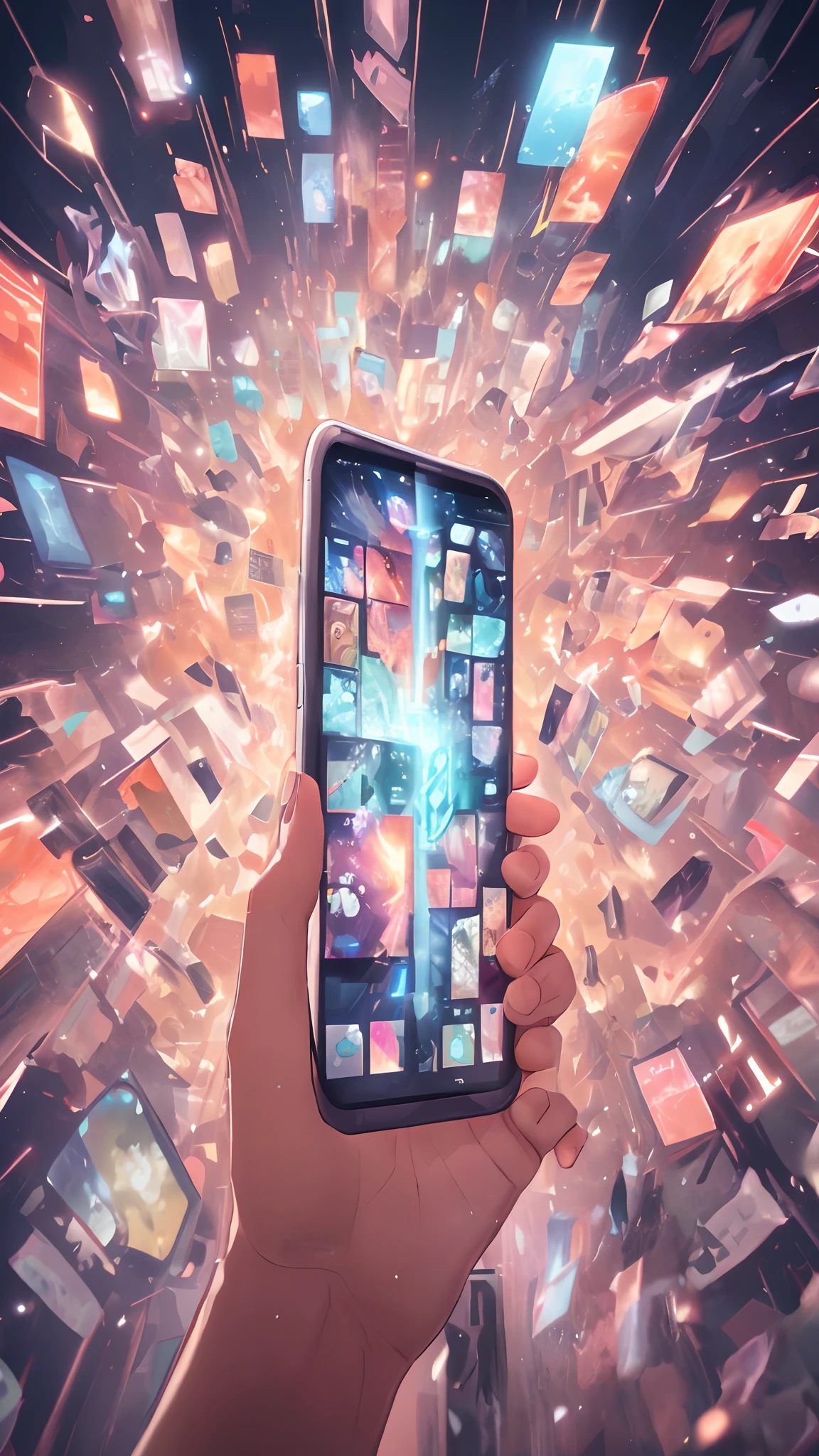 Someone has a cell phone in their hand，There are a lot of photos on it, 3840 x 2160, 3840 x 2160, explosion of data fragments, smartphone resolution, Technology and magic, the encrypted metaverse, amazingly composed image, octa 8k, Technology meets fantasy, exploitable image, mobile game