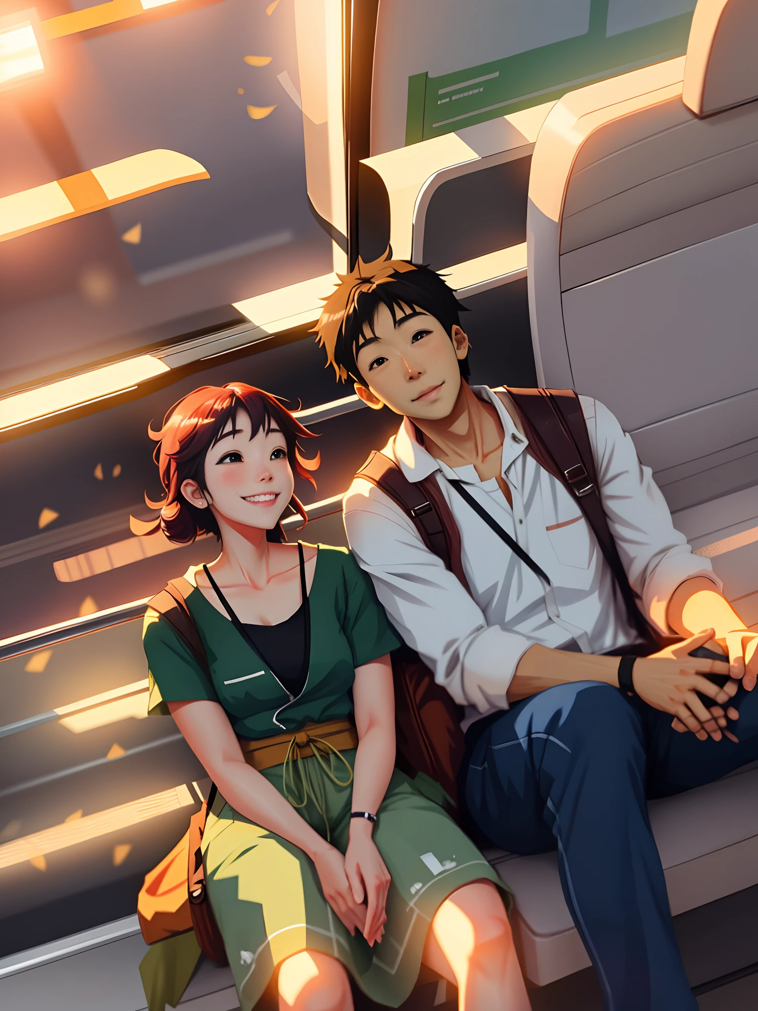 Anime couple sitting on a bus looking at each other, sorrindo, felizes, hand in, Art not Guweiz style, belo estilo de arte de anime, belo estilo anime, belo anime, bela cena de anime, Sakimichan e Makoto Shinkai, imagem de anime, Guweiz, 8k)), Guweiz e Makoto Shinkai, pin em anime, Estilo anime 4K