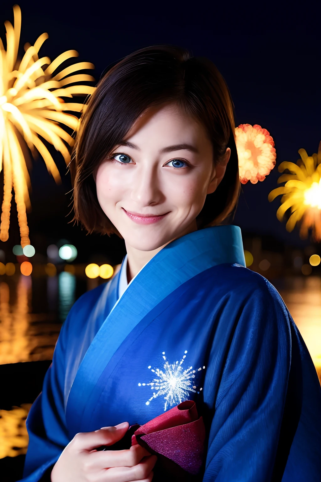 ((masterpiece, top quality, super definition, high definition)), 4K. solo, beautiful girl, shining eyes, perfect eyes, beautiful sister of Japan, blue theme, yukata, background is night fireworks