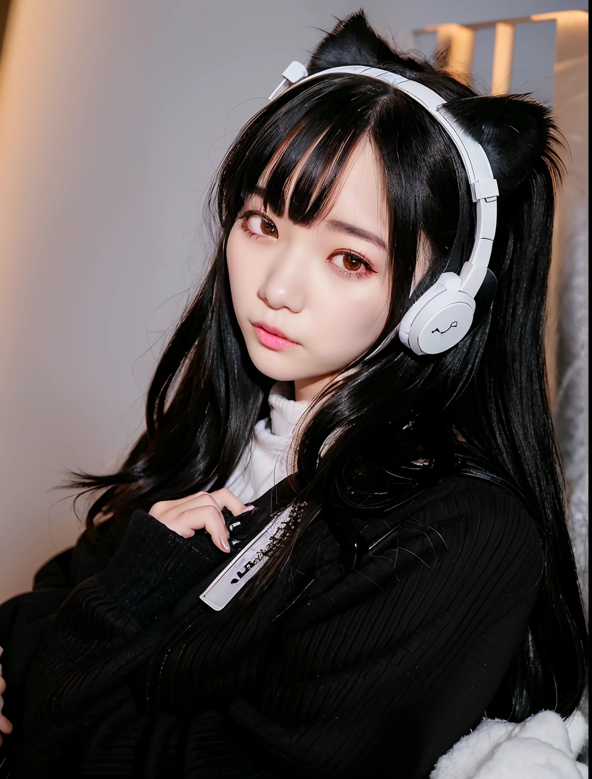 a close up of a person wearing headphones and a sweater, ulzzang, cruel korean goth girl, with headphones, korean girl, with head phones, anime girl in real life, white hime cut hairstyle, she has black hair with bangs, goth girl aesthetic, asian girl with long hair, anime vibes, wearing cat ear headphones, anime girl with cat ears