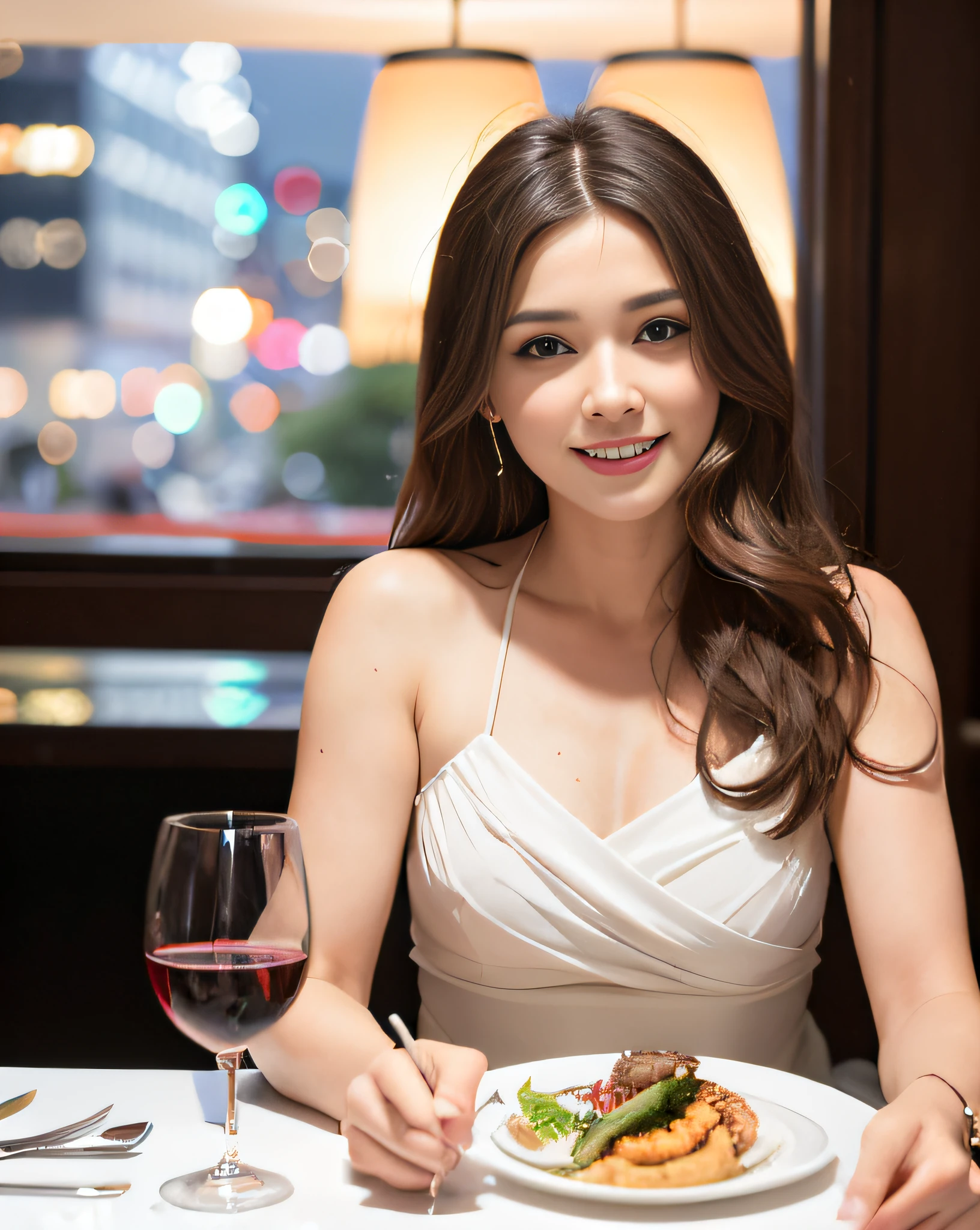 (64K, UHD, top quality, masterpiece: 1.2), (realistic, photorealistic: 1.37), super detailed, pretty woman 1 person, (slim face), (slim body), (brown hair), (short cut), cheeks slightly blushing, (44 years old), 38 years old, solo, beautiful detailed urban night view outside the window, restaurant, wine glasses sit, at night, in a prominent placeNovaFrogStyle, Actress, Model, Waist Up, White Wine, Slim, Wine Glass, Super Clean Night View, Wine Glass Put in the Middle, Happy Smile, (Smile: 1.15), Beautiful Fine Eyes, Upper Body, Bust Japan Up, Night, Short, Short, Actress, Model, Waist Up, White Wine, Slim, Wine Glass, Super Clean Night View, Wine Glass Put in the Middle, Happy Smile,