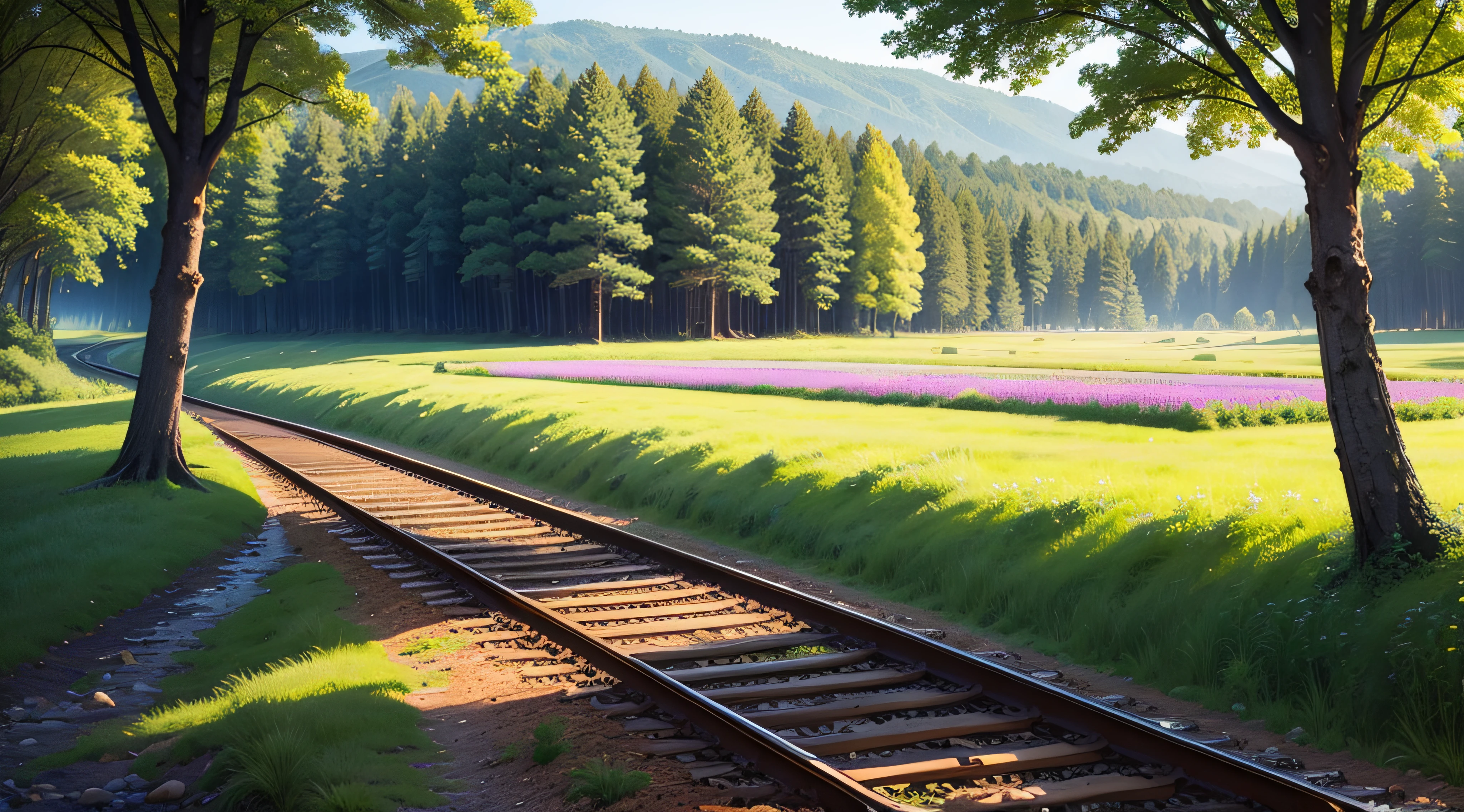 Beautiful detailed meadows, Detailed forest, brightly, Railroad bed