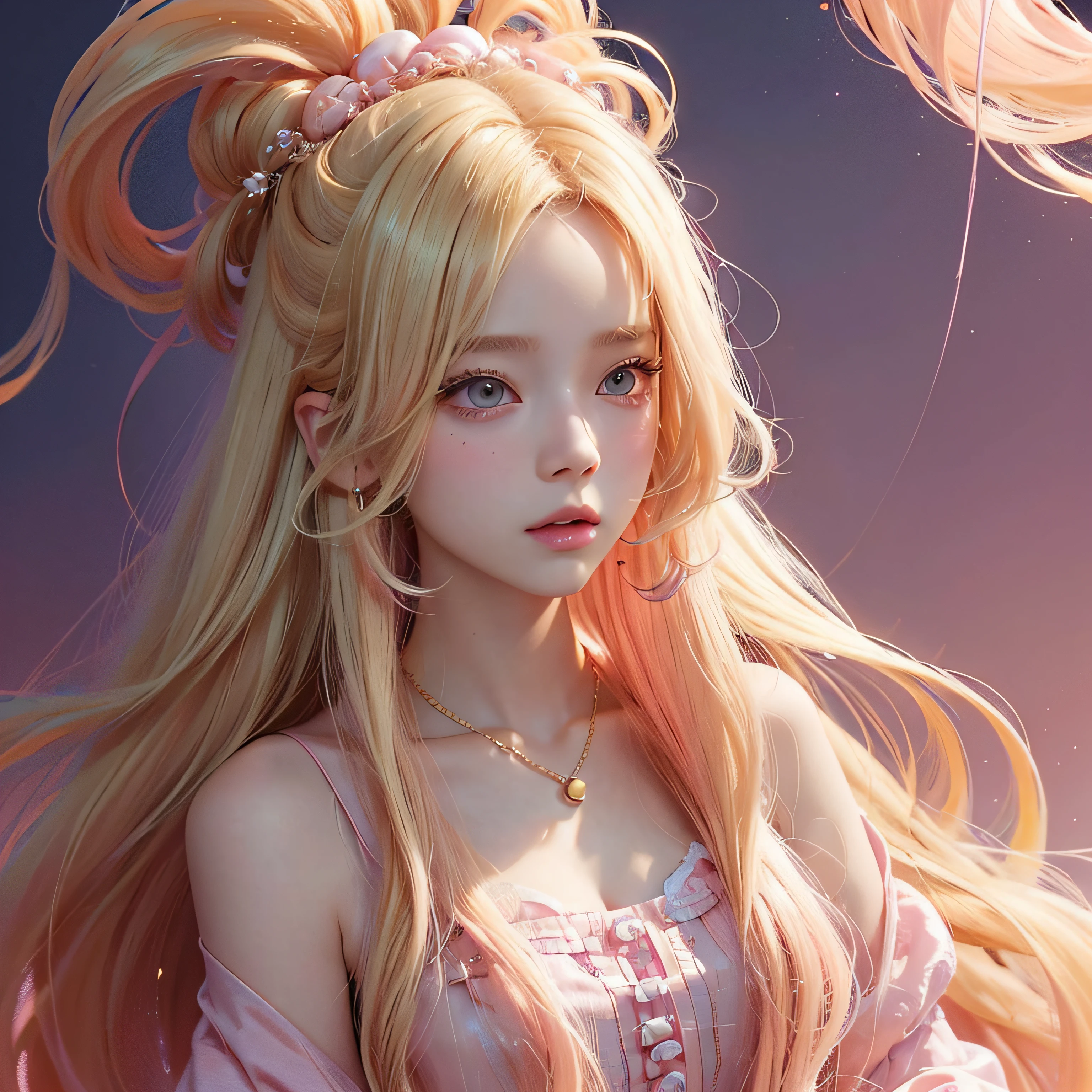 A woman with blonde hair and a necklace, digital art inspired by Yanjun Cheng, Tumblr, Rococo, portrait jisoo blackpink, floating golden hair, Long flowing blonde hair, long bubblegum hair, coiffed blonde hair, Pink girl, pink hues, ((Pink)), Long blonde hair, blond straight hair, curly blond hair