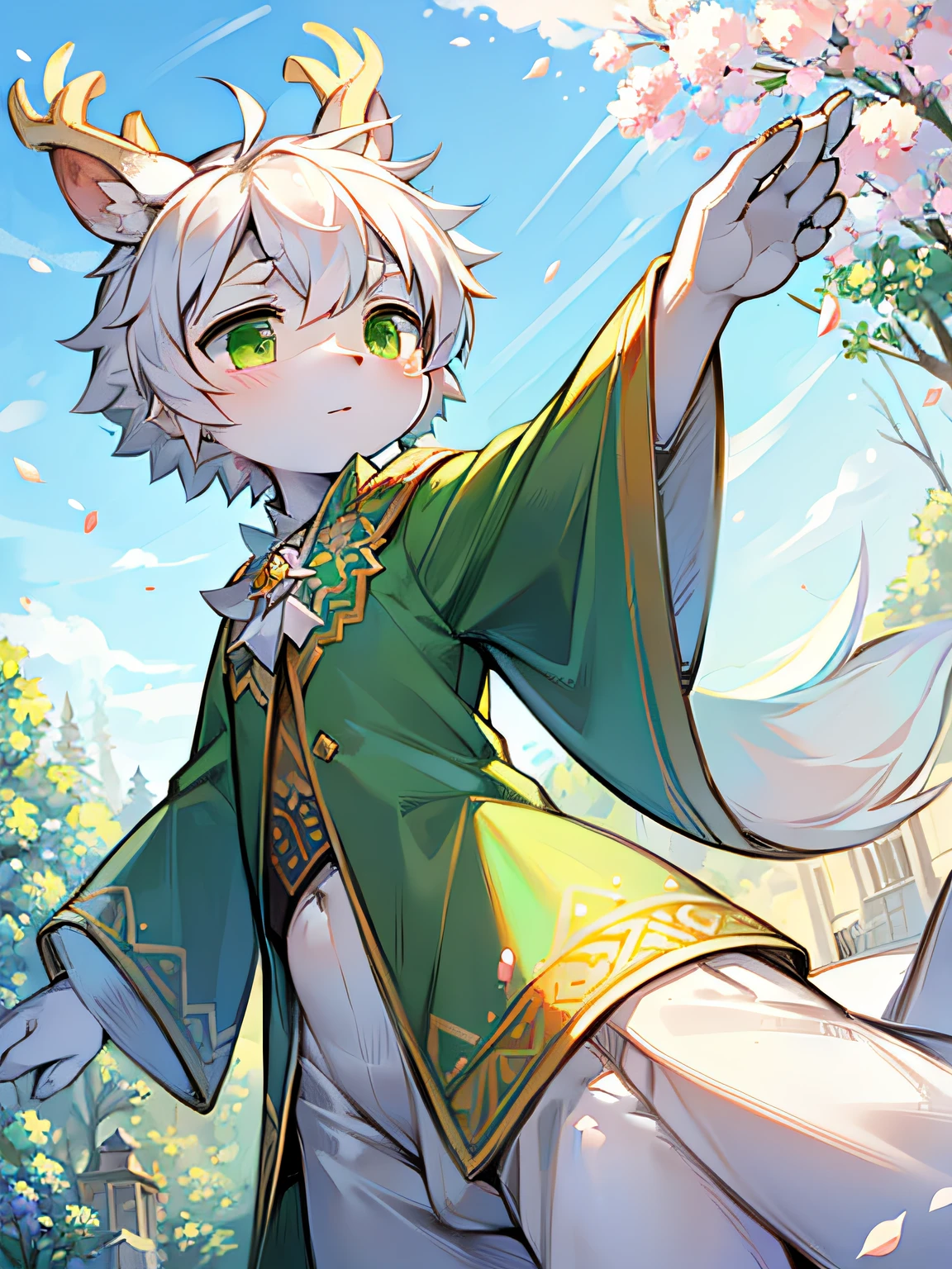 A white deer，Green eyes，Green robe，trpical garden，suns，blue-sky，ornate decoration，Colorful flowers，White petals，Shota，adolable，falling flower petals，White color hair，Stand in the garden