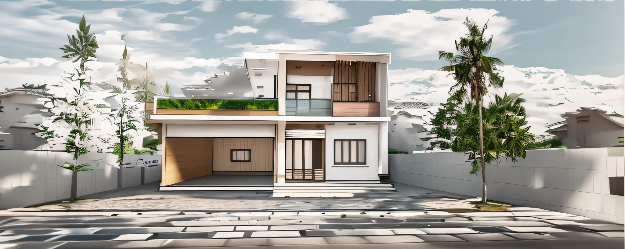 a rendering of a two story house with a balcony and a balcony, frontview, complete house, exterior design, front perspective, front-view, overall architectural design, residential design, front elevation view, front view, concept house, cartoonish and simplistic, front view dramatic, simple yet detailed, 2 d cg, perspective view, sketch - up, realistic concept