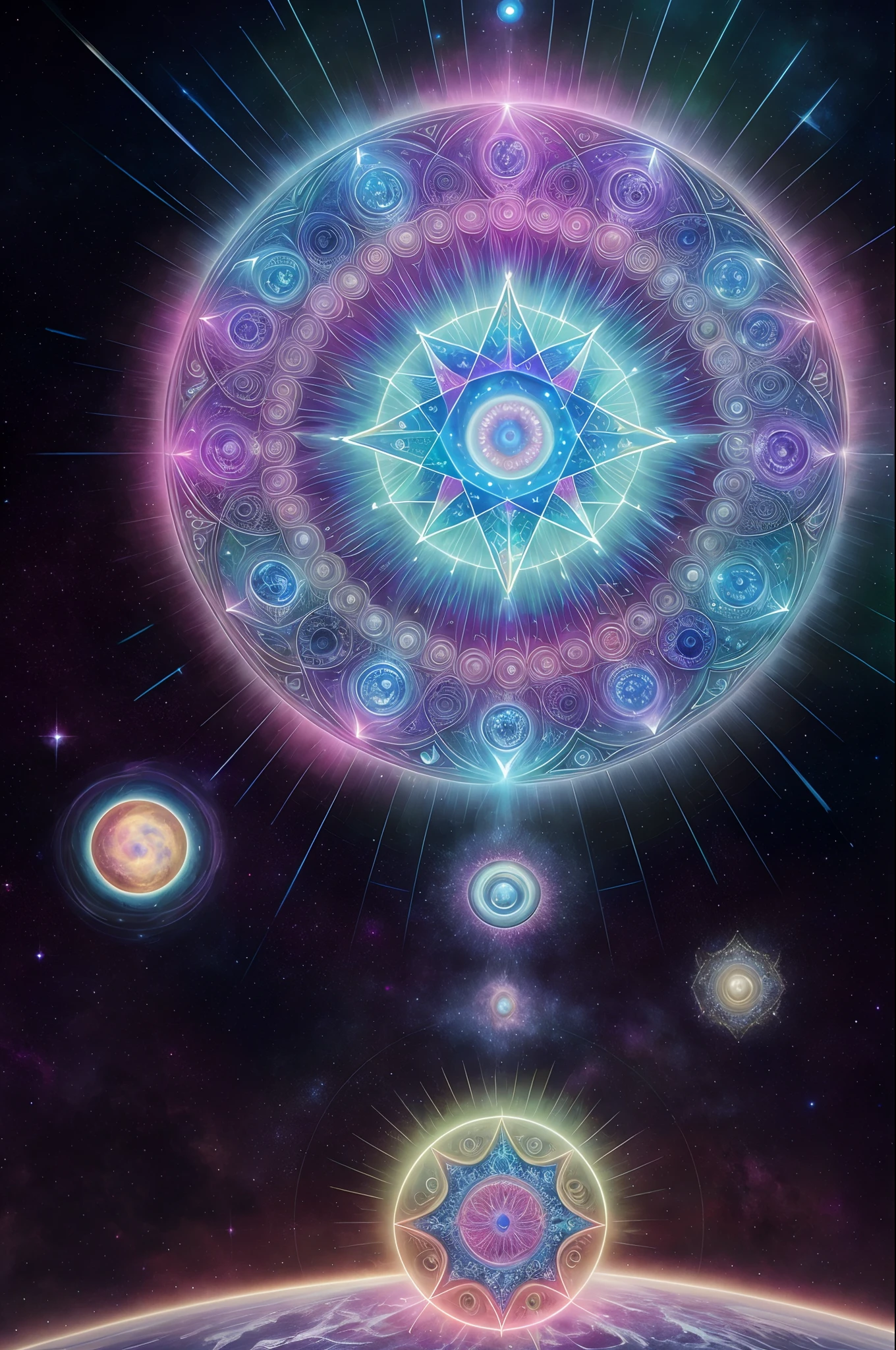 uma imagem circular de uma estrela com um centro azul cercado por estrelas, arte digital inspirada em Johfra Bosschart, Vencedor do concurso CG Society, arte espacial, geometria e astrologia, astral appearance, Geometria Sagrada, intricate galactic designs, estruturas fractais sagradas, galactic dmt entity, epic shamanic dmt art, visionary art style, Geometria sagrada sobreposta, mystical cosmic messenger