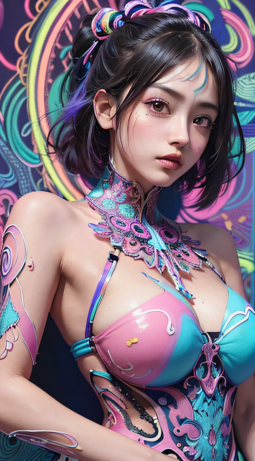 (masutepiece, of the highest quality, Best Quality, Official art, Beautiful and aesthetic:1.2), (1girl in:1.3), Extremely detailed,(Fractal Art:1.2),Colorful,highest details,( Zentangle Neon:1.2), (Dynamic Pose), (Abstract background neon:1.5), (Parliamentary Dresses:1.2), (Shiny skin), (Many colors:1.4), Upper body ,neons,16 K,Full-HD